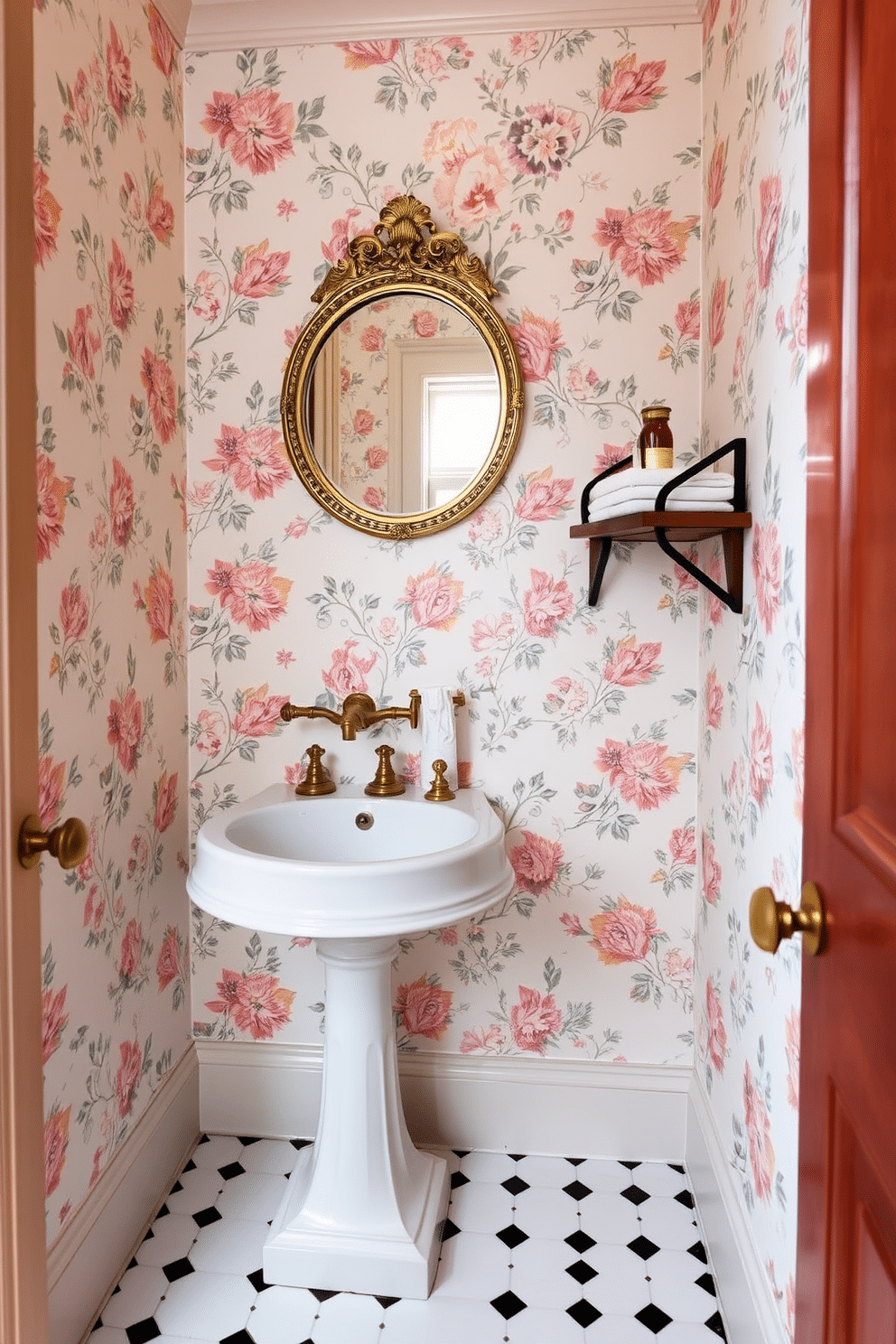 A cozy powder room adorned with vintage floral wallpaper in soft pastel hues, creating a charming and inviting atmosphere. The space features a petite pedestal sink with ornate brass fixtures, complemented by a round mirror with an intricate frame above it. A small wooden shelf holds neatly folded towels and decorative items, adding a personal touch to the room. The floor is covered with classic black and white tiles, enhancing the vintage aesthetic while providing a timeless appeal.