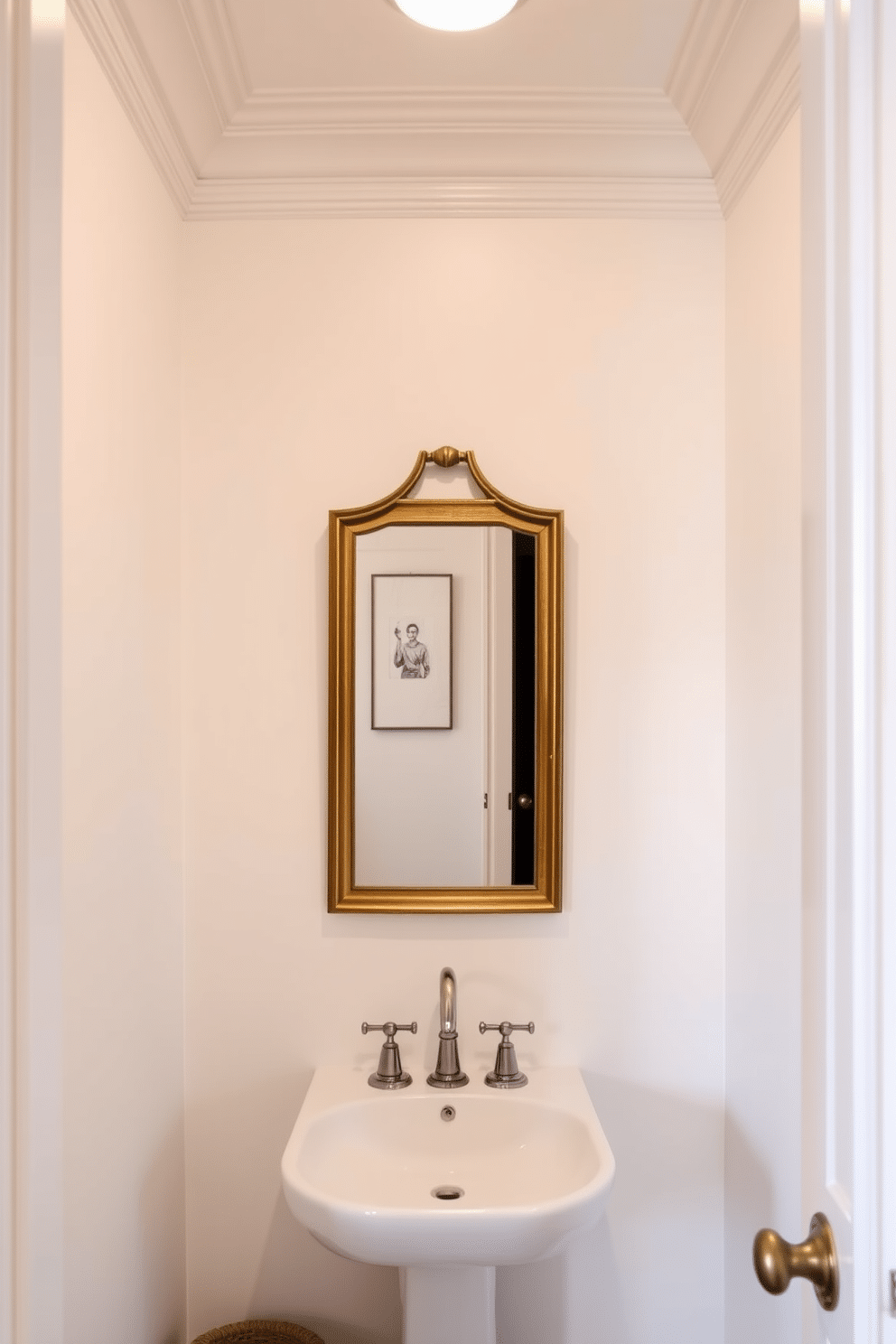 A tiny powder room featuring elegant crown molding that adds height and sophistication to the space. The walls are painted in a soft, light color to enhance brightness, while a sleek pedestal sink is complemented by a stylish wall-mounted mirror framed in gold.