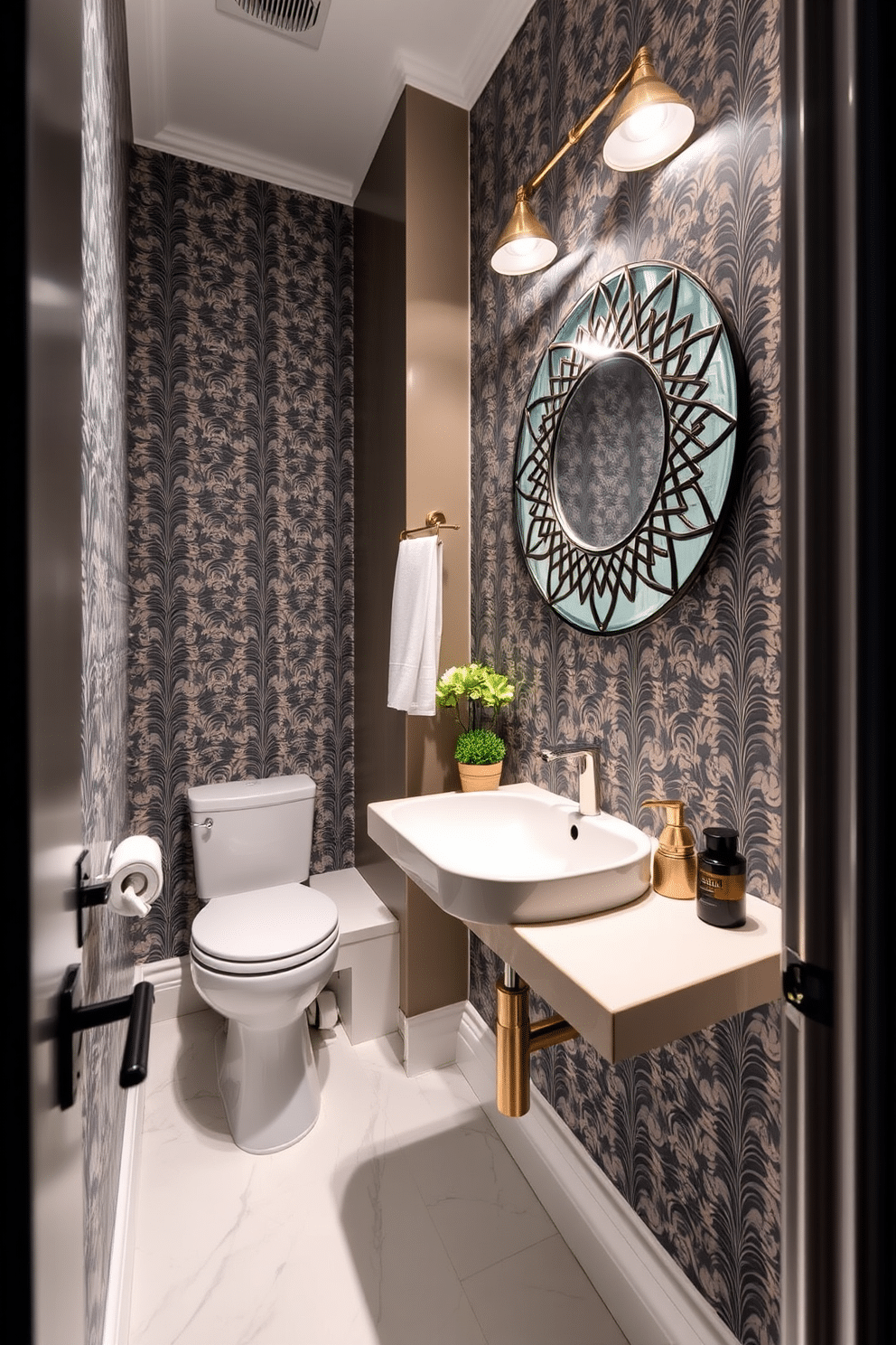 A tiny powder room features unique, artisanal faucets that serve as statement pieces, blending functionality with high-end design. The walls are adorned with a bold wallpaper pattern, while a sleek, wall-mounted sink maximizes space and enhances the room's modern aesthetic. A round mirror with an intricate frame reflects the stylish elements, creating an illusion of depth. The floor is finished with elegant tiles, and a small potted plant adds a touch of greenery, completing the chic atmosphere.