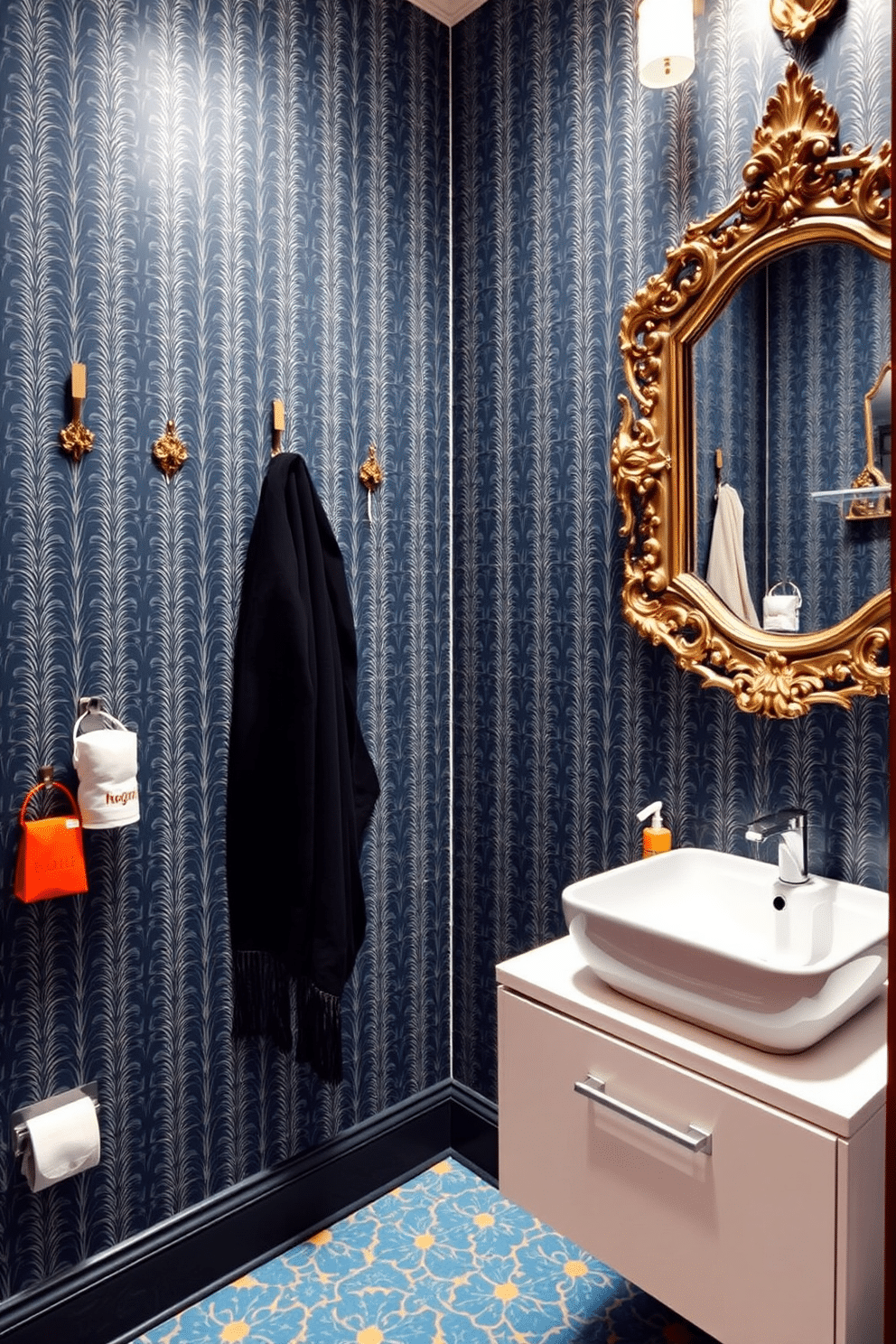 A chic powder room featuring decorative hooks for towels and accessories. The walls are adorned with a bold wallpaper pattern, while a sleek, minimalist sink is mounted on a floating vanity. In the corner, a stylish mirror with an ornate frame reflects the unique design elements. The floor is laid with vibrant tiles that complement the overall color scheme, creating a cohesive and inviting atmosphere.