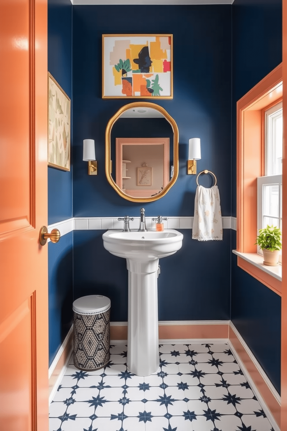 A vibrant tiny powder room features bold accents, such as a deep blue accent wall adorned with abstract art. A sleek white pedestal sink contrasts beautifully with a gold-framed mirror, creating a striking focal point. The floor is covered in geometric black and white tiles that add visual interest without overwhelming the space. A small potted plant on the windowsill introduces a touch of greenery, enhancing the room's lively atmosphere.