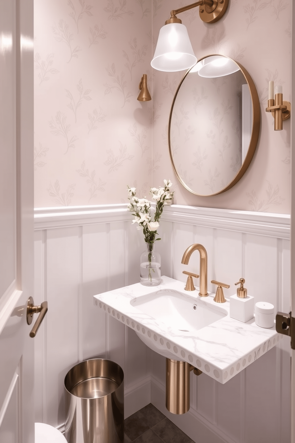 A stylish wastebasket serves as a chic decor element in a tiny powder room. The wastebasket features a sleek metallic finish, complementing the elegant wallpaper adorned with subtle floral patterns. The powder room is designed with a floating vanity that maximizes space, topped with a polished marble surface. Soft ambient lighting highlights the delicate details of the room, creating an inviting atmosphere.