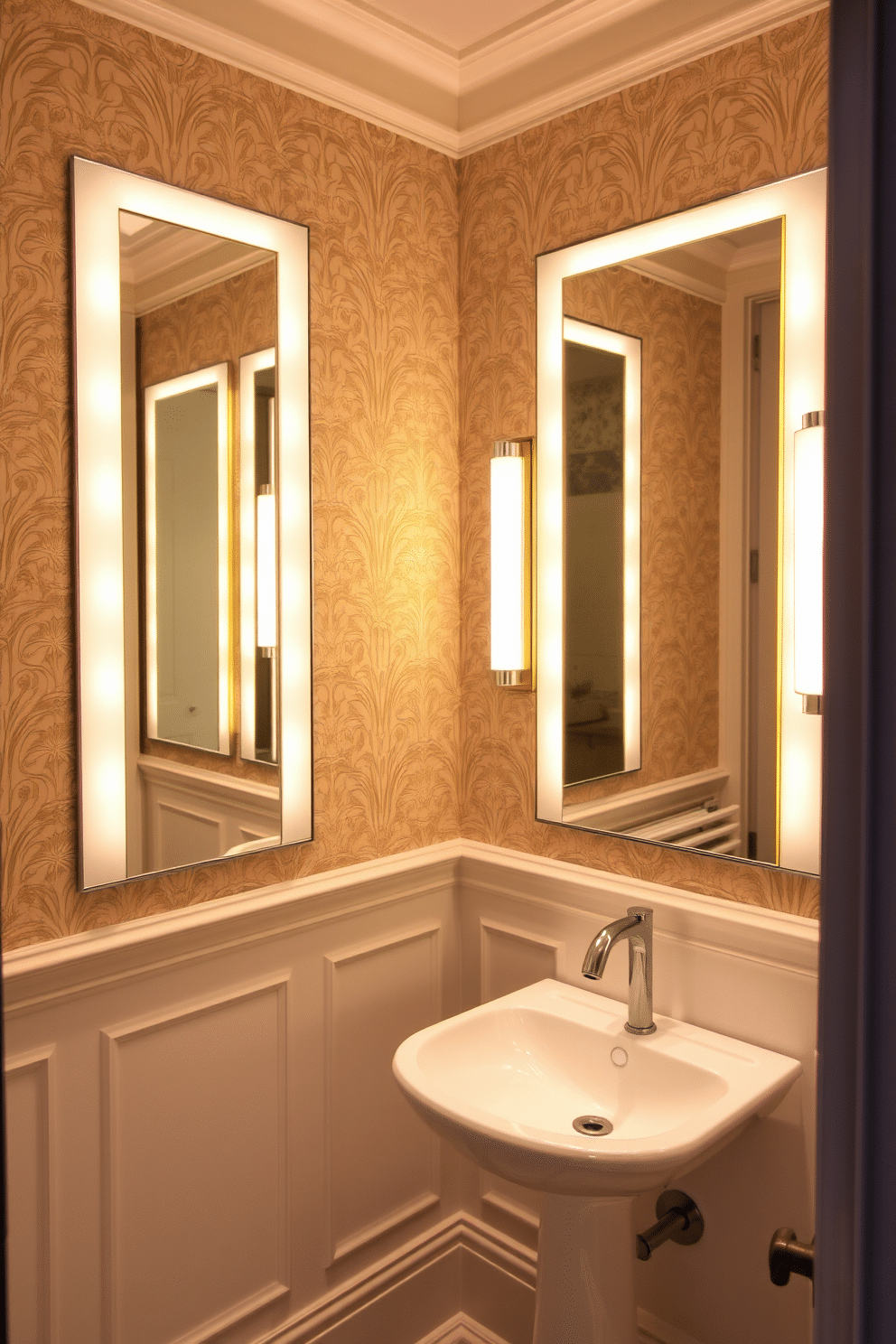 A chic tiny powder room featuring integrated lighting within the mirrors, creating a warm and inviting ambiance. The walls are adorned with elegant wallpaper, while a sleek pedestal sink occupies the corner, complemented by a stylish wall-mounted faucet.