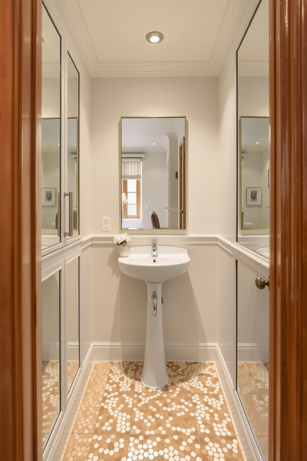 A tiny powder room featuring mirrored cabinets that reflect light and create an illusion of spaciousness. The walls are adorned with a soft pastel color, and the floor is laid with elegant mosaic tiles, enhancing the room's charm.