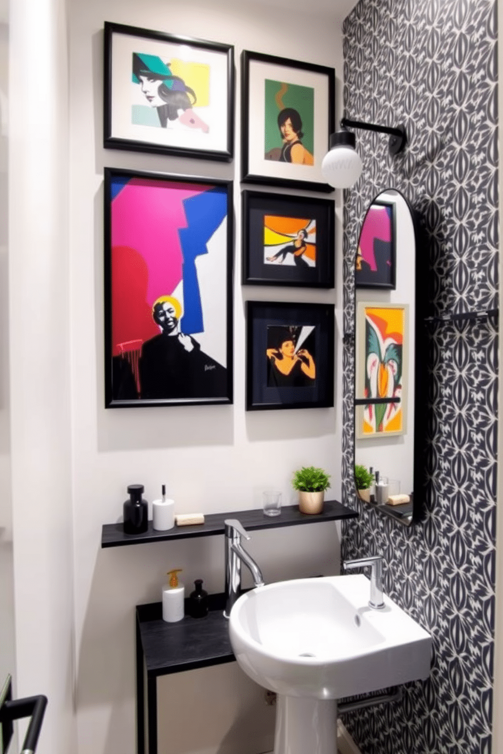 A stunning artwork gallery wall is created in a limited space, showcasing a curated collection of vibrant and abstract pieces framed in sleek black. The wall is painted in a soft white to enhance the colors of the artwork, while a narrow console table below holds a few decorative items and a small plant for added charm. The tiny powder room features a chic, wall-mounted sink with a polished chrome faucet, maximizing floor space. Soft ambient lighting illuminates the room, and a bold wallpaper with a geometric pattern adds a striking visual element, complemented by a small round mirror above the sink.