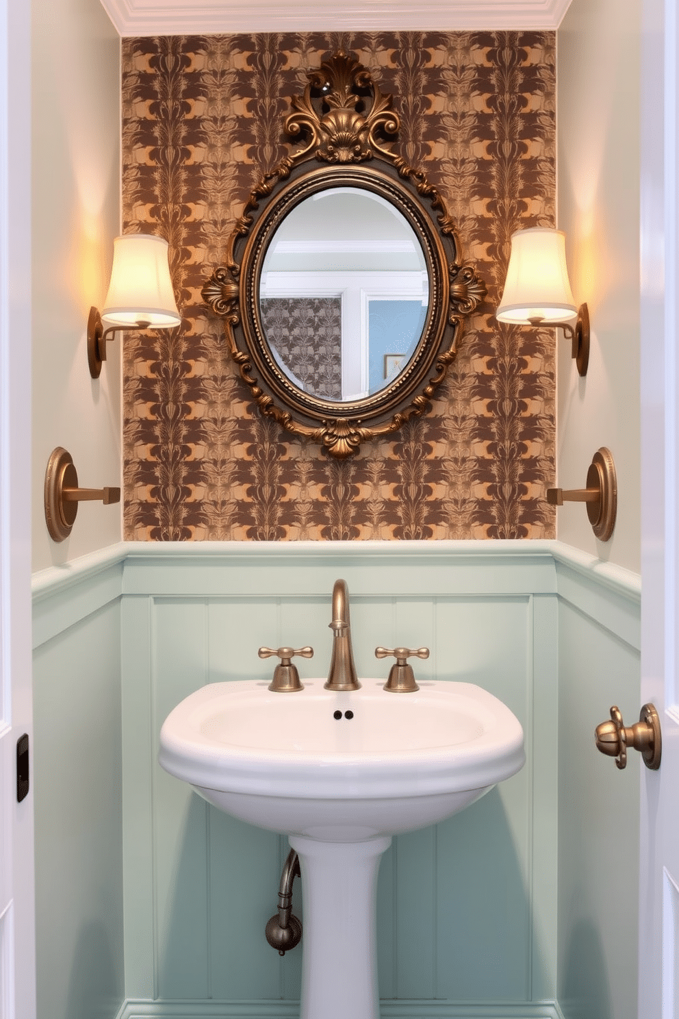 A charming tiny powder room featuring vintage fixtures with modern accents. The space is adorned with a classic pedestal sink and a sleek, wall-mounted faucet in brushed nickel. The walls are painted in a soft pastel hue, complemented by a bold geometric wallpaper on the accent wall. A round mirror with an ornate vintage frame hangs above the sink, while stylish sconces provide warm lighting on either side.