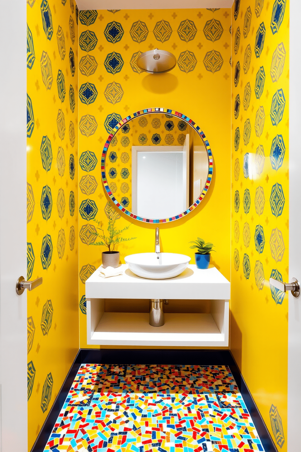 A vibrant powder room featuring bright yellow walls adorned with playful geometric patterns. A sleek, floating vanity in a glossy white finish holds a round vessel sink, complemented by a modern chrome faucet. The floor is tiled with colorful mosaic patterns that create an eye-catching focal point. A large round mirror with a colorful frame hangs above the vanity, reflecting the lively decor and a small potted plant adds a touch of greenery.