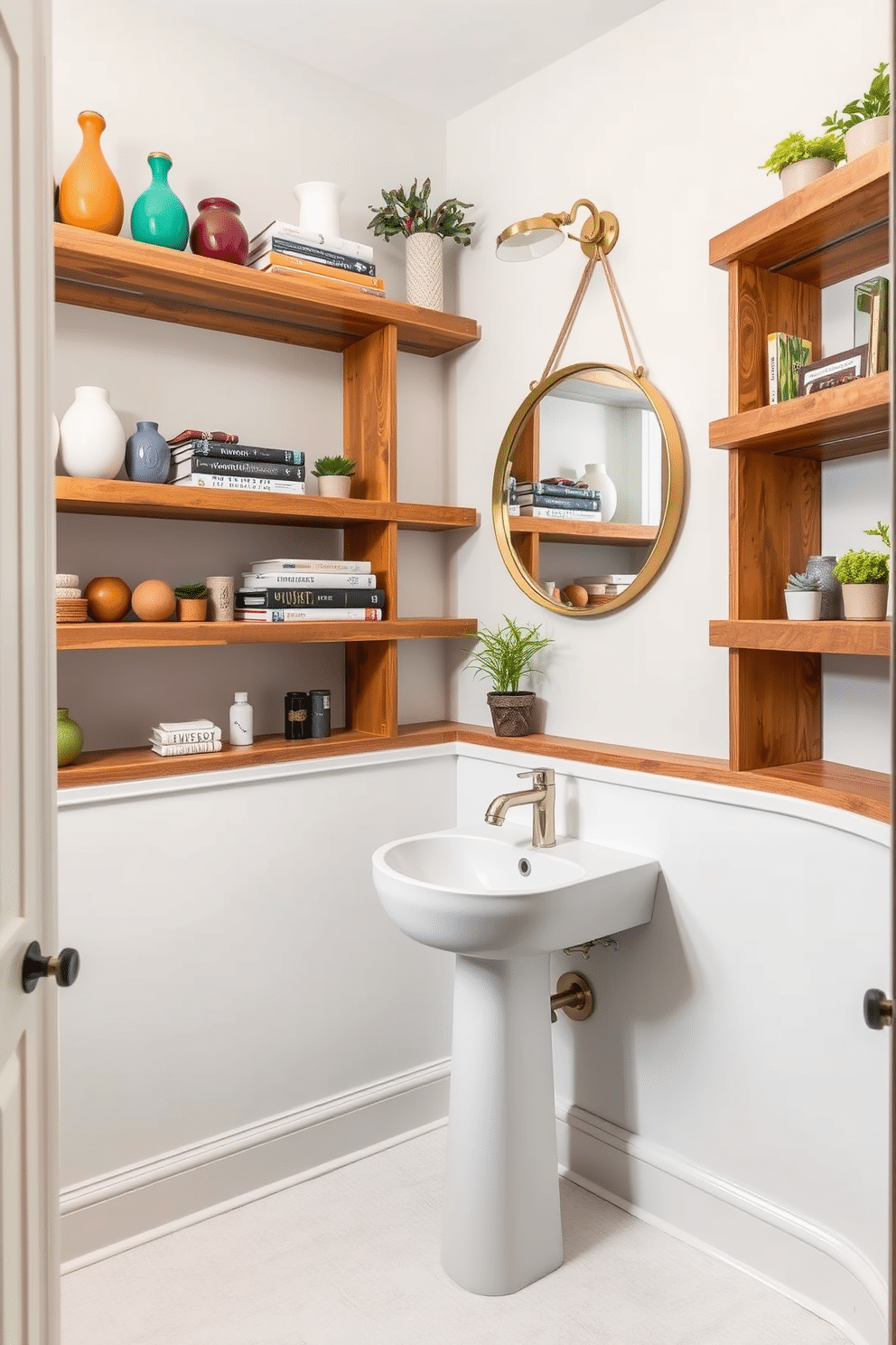 Open shelving lines the walls of a cozy powder room, showcasing an array of decorative items such as colorful vases, stacked books, and small potted plants. The shelves are made of reclaimed wood, adding warmth to the space, while the walls are painted in a soft, light gray to enhance the room's brightness. A sleek, compact sink is positioned beneath a round mirror framed in brushed brass, reflecting the charming decor above. The floor features hexagonal tiles in a muted white and gray pattern, complementing the overall aesthetic of this stylish and functional tiny powder room.