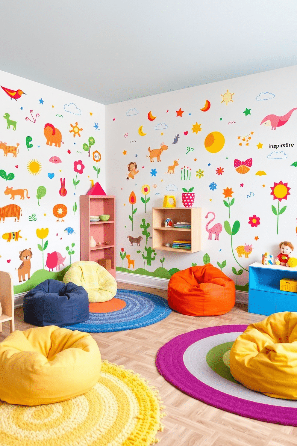 A vibrant toddler playroom filled with bright and playful wall decals featuring animals, shapes, and whimsical designs that inspire creativity. The room is adorned with soft, colorful rugs and bean bags, creating a cozy and inviting space for children to play and explore.