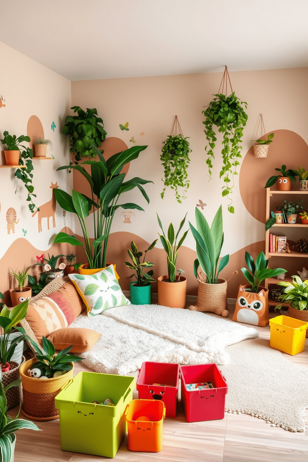 A nature-inspired toddler playroom filled with vibrant plants and playful animal motifs. The walls are painted in soft earth tones, adorned with whimsical animal murals, while various potted plants bring a refreshing touch of greenery throughout the space. The play area features a cozy reading nook with a plush rug shaped like a leaf, surrounded by colorful cushions. Bright, animal-themed storage bins are scattered around, providing a fun and organized way to keep toys and books tidy.