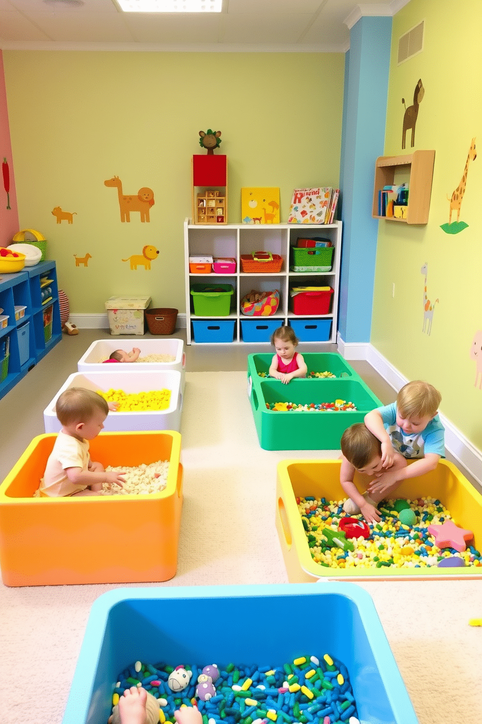 A vibrant toddler playroom filled with sensory bins designed for hands-on exploration. Each bin is filled with colorful materials like rice, beans, and textured fabrics, inviting tactile interaction and imaginative play. The walls are painted in cheerful pastel colors, with playful animal decals adding a whimsical touch. Soft, cushioned flooring provides a safe space for toddlers to explore, while shelves filled with toys and books encourage creativity and learning.