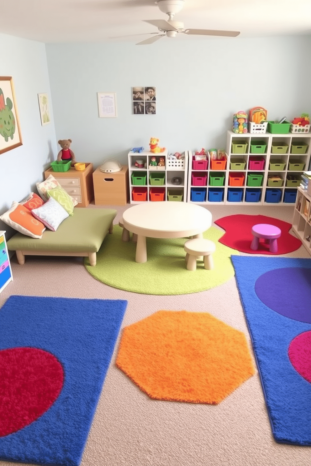 A cozy toddler playroom featuring soft area rugs in vibrant colors, providing a safe and inviting play space. The room is filled with playful furniture, including a low table surrounded by cushioned seating and an assortment of toys neatly organized in colorful bins.