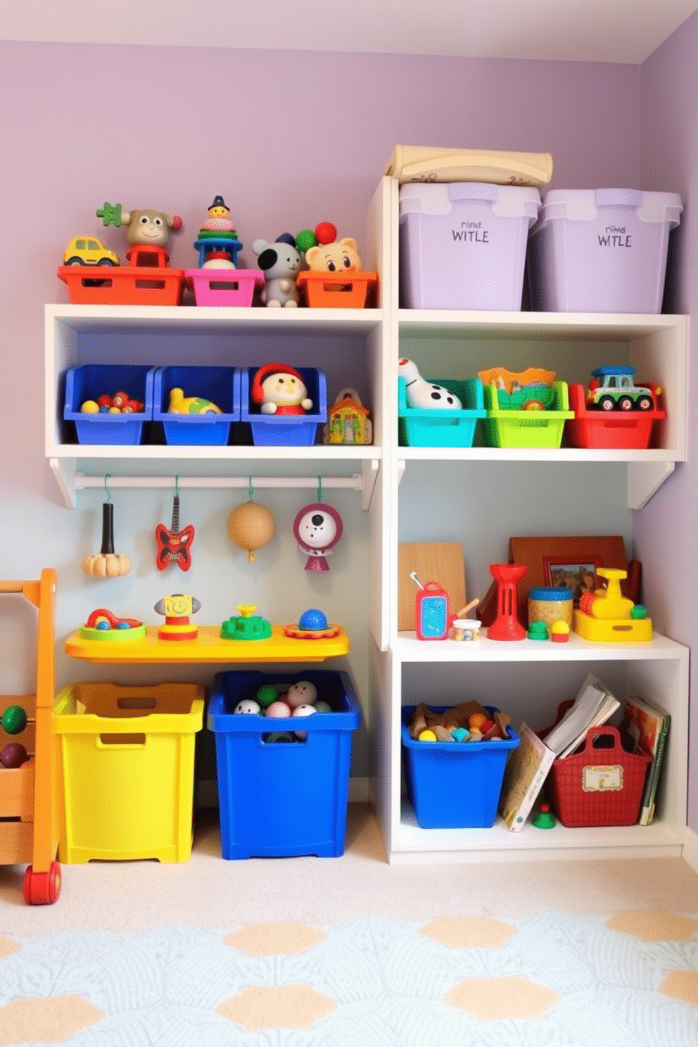 A vibrant toddler playroom featuring wall-mounted toys to maximize floor space. The walls are painted in a cheerful pastel color, and shelves are adorned with colorful bins for easy access to toys and books.