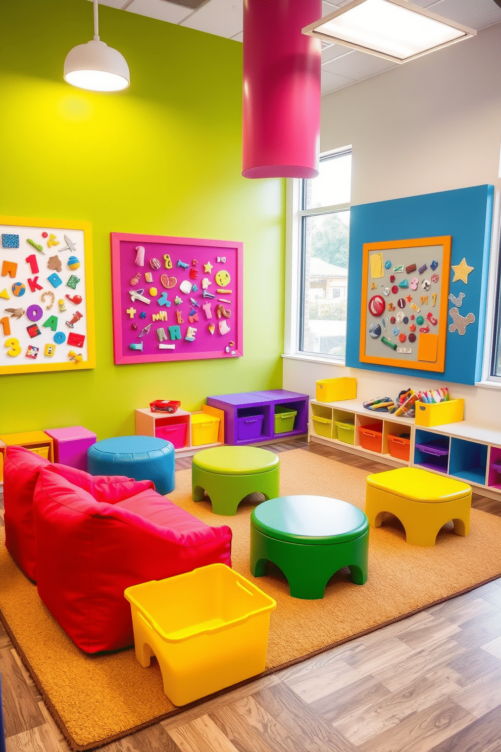 A vibrant toddler playroom featuring magnetic boards on the walls for interactive learning. The space is filled with colorful furniture, including a soft rug, bean bags, and low tables, creating a playful and inviting atmosphere. The magnetic boards are framed in bright colors and adorned with various educational magnets. Brightly colored storage bins are scattered throughout, providing easy access to toys and learning materials, while large windows allow natural light to flood the room.