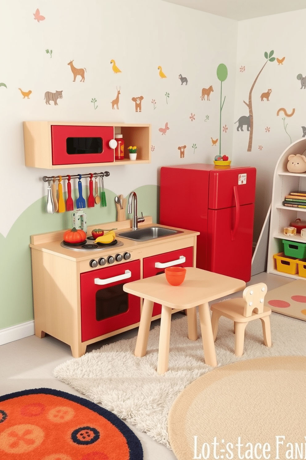 A charming mini kitchen set designed for pretend play, featuring a bright red refrigerator, a wooden stove with realistic knobs, and a sink with a playful faucet. The countertops are adorned with colorful play food and utensils, while a small table and chairs provide an inviting space for toddlers to gather and enjoy their imaginative cooking adventures. A vibrant toddler playroom filled with soft, plush rugs and colorful wall decals of animals and nature. The space includes a cozy reading nook with a small bookshelf, a play tent for imaginative adventures, and a variety of toys organized in cheerful bins to encourage creativity and exploration.