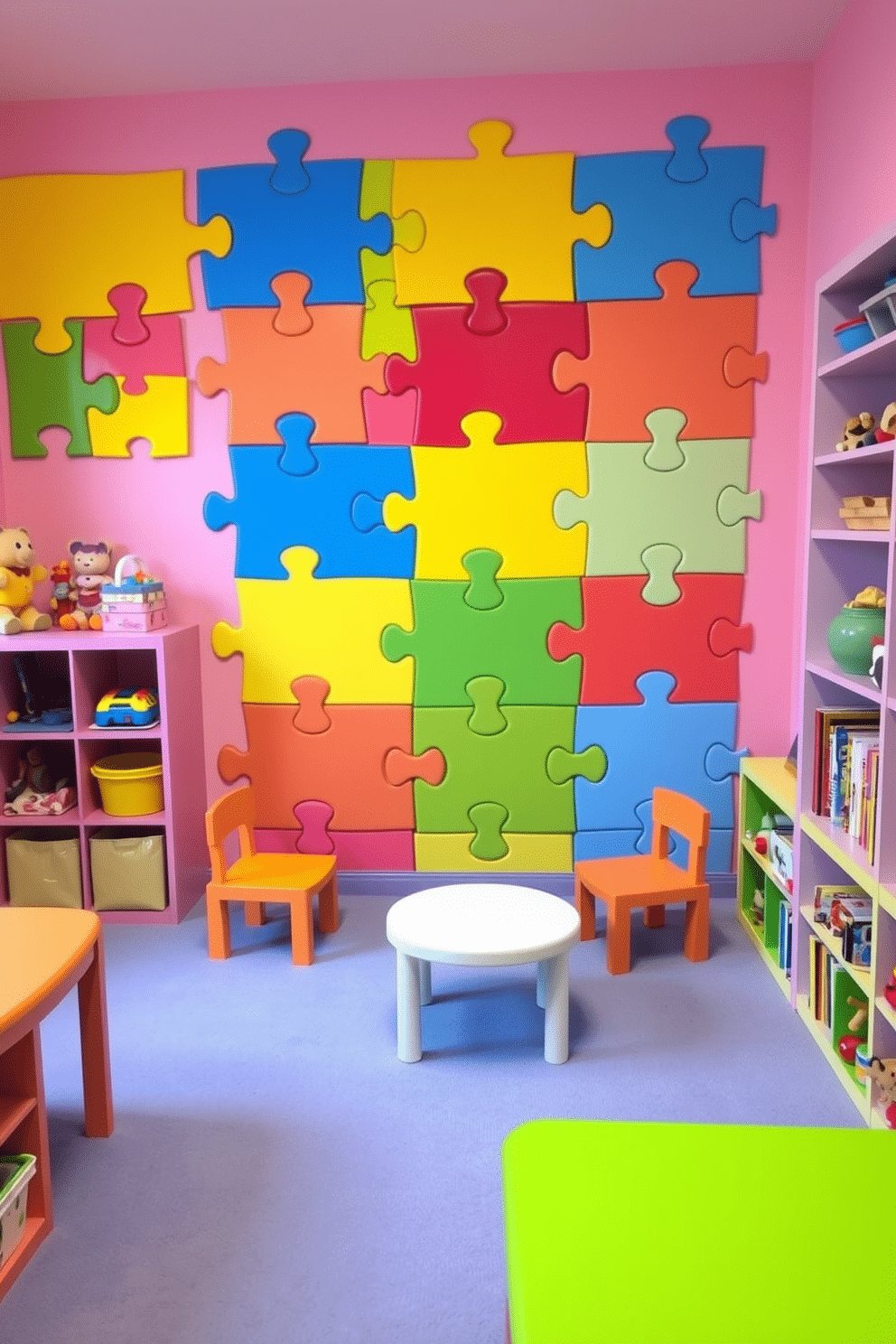 A vibrant toddler playroom filled with colorful puzzle wall panels designed for problem-solving fun. The walls are painted in cheerful pastel colors, and soft, cushioned flooring provides a safe space for play. Brightly colored furniture, including a small table and chairs, encourages creativity and social interaction. Shelves filled with toys and books are easily accessible, promoting independent play and exploration.