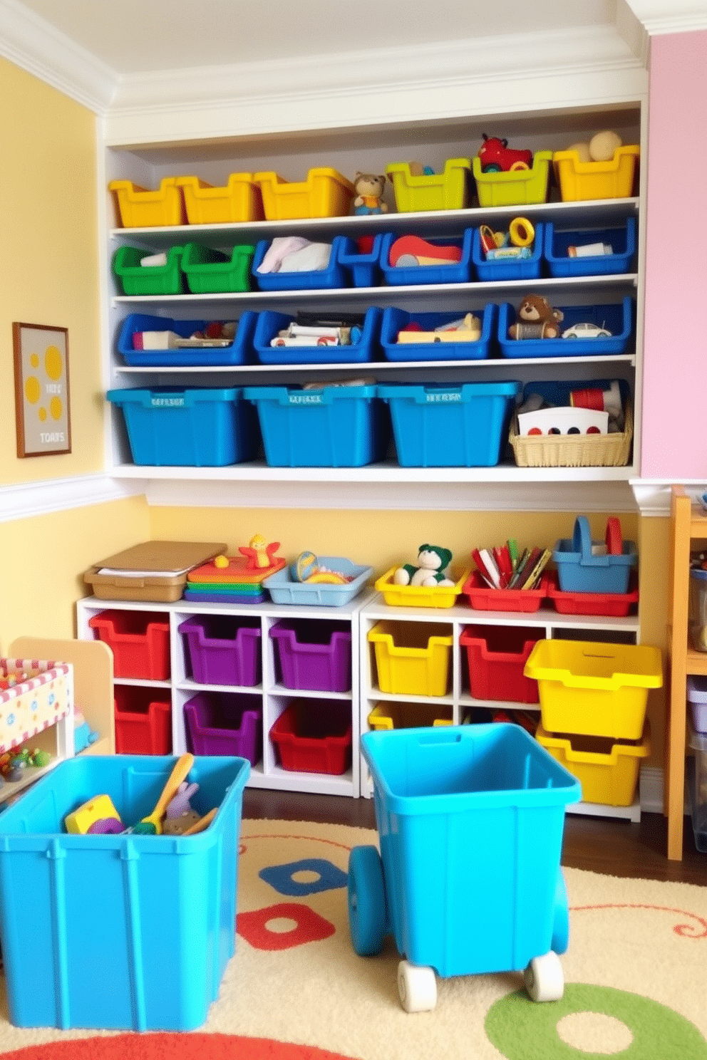 A vibrant toddler playroom filled with colorful bins for organized toy storage. The room features soft, playful rugs and walls painted in cheerful pastel colors, creating a welcoming and fun environment.