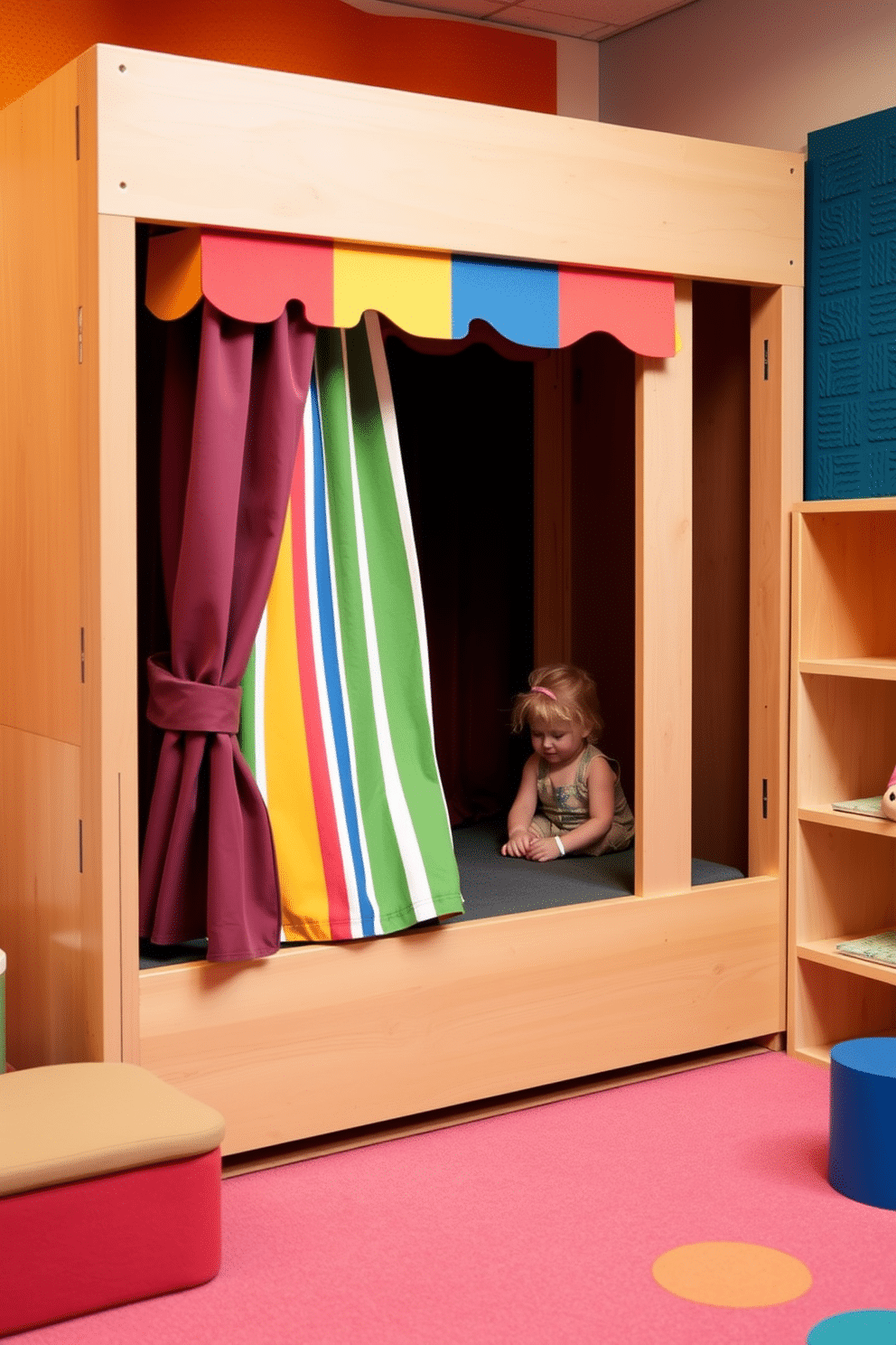 A cozy DIY puppet theater is crafted from lightweight wood, painted in vibrant colors to spark creativity. The stage features a colorful curtain that can be drawn back, inviting children to engage in imaginative performances. The toddler playroom is designed with soft, cushioned flooring in bright, playful patterns. Interactive wall panels with textures and colors encourage sensory exploration and playful learning.