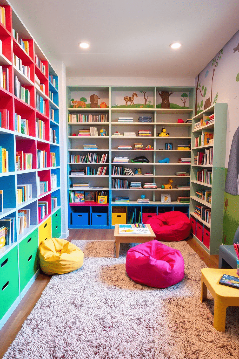 A vibrant toddler playroom filled with floor-to-ceiling bookshelves, designed for easy access to books and toys. The shelves are painted in bright primary colors, creating an inviting and playful atmosphere, while a soft, plush rug covers the floor for comfort during playtime. In one corner, colorful bean bags provide cozy seating, and a small table with art supplies encourages creativity. The walls are adorned with cheerful murals of animals and nature, making the space engaging and stimulating for young minds.