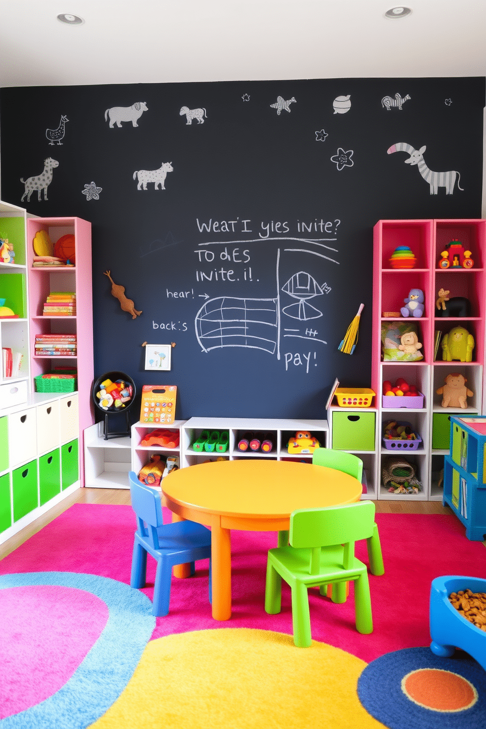 A vibrant toddler playroom features an interactive chalkboard wall that invites creativity and play. The floor is covered with soft, colorful rugs, and various toys are neatly organized in open shelving for easy access. Brightly colored furniture, including a small table and chairs, encourages collaborative activities among little ones. Fun wall decals of animals and shapes add a whimsical touch to the overall design, making the space both inviting and stimulating.