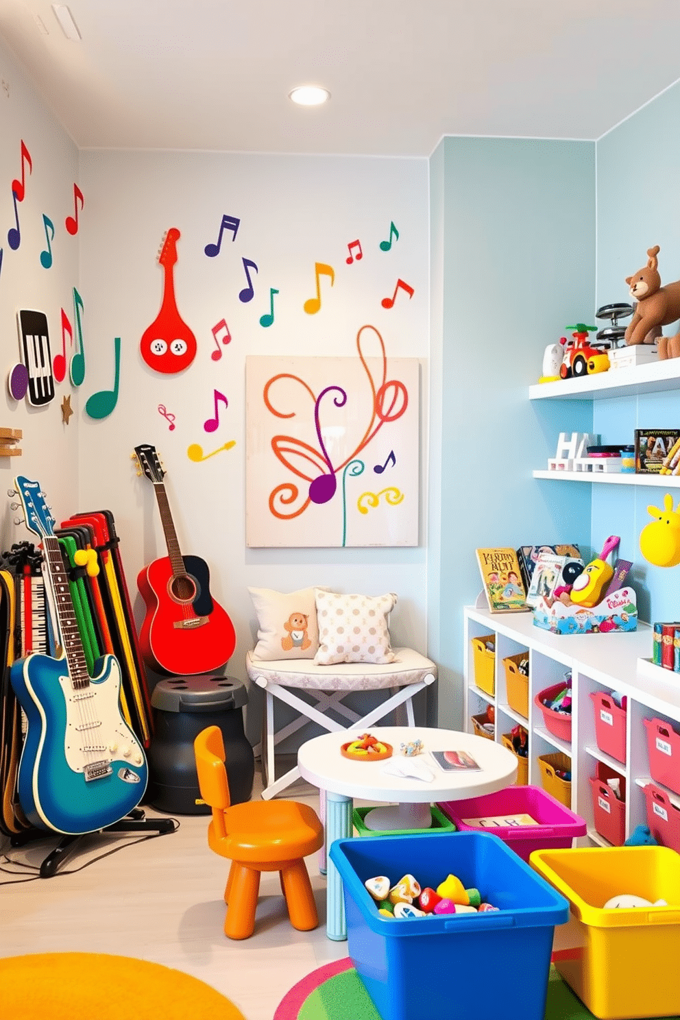 A vibrant musical instruments corner filled with an array of colorful instruments, including a guitar, a keyboard, and a set of drums. The space is adorned with playful wall art depicting musical notes and vibrant colors, creating an inviting atmosphere for creative expression. A whimsical toddler playroom designed with soft pastel colors and playful patterns. The room features a cozy reading nook with plush cushions, a small table for arts and crafts, and a variety of toys neatly organized in brightly colored bins.