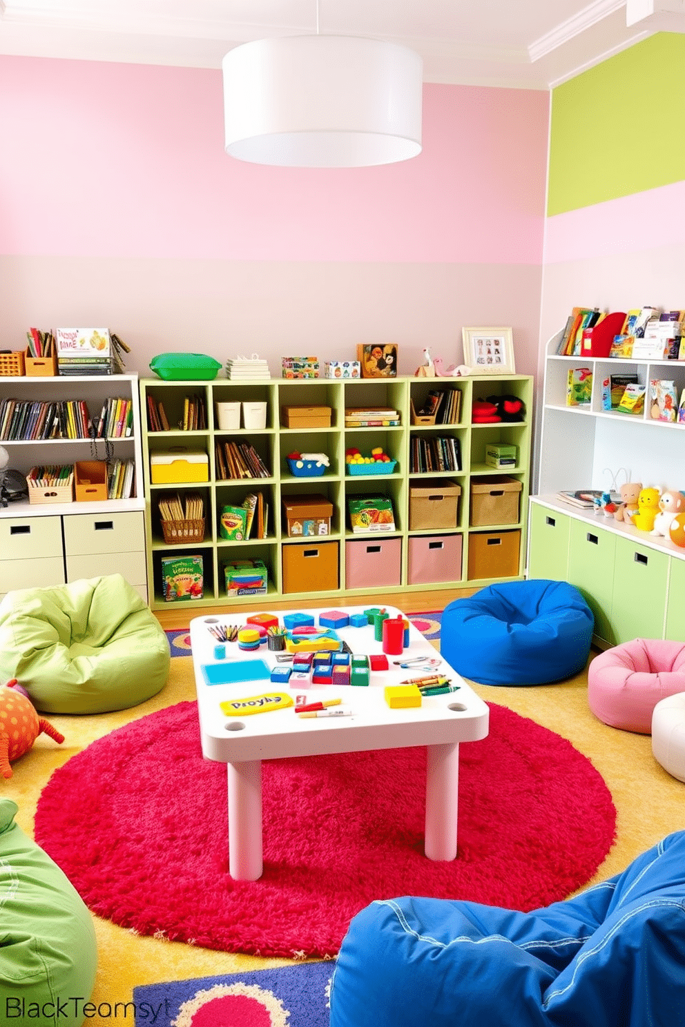 A vibrant toddler playroom filled with a variety of art supplies and games. The walls are painted in cheerful pastel colors, and a large play table is centrally positioned, covered with crayons, paints, and colorful building blocks. Soft, plush rugs in bright patterns cover the floor, providing a comfortable space for play. Shelves are lined with books and toys, while cozy bean bags invite little ones to sit and enjoy storytime or quiet play.