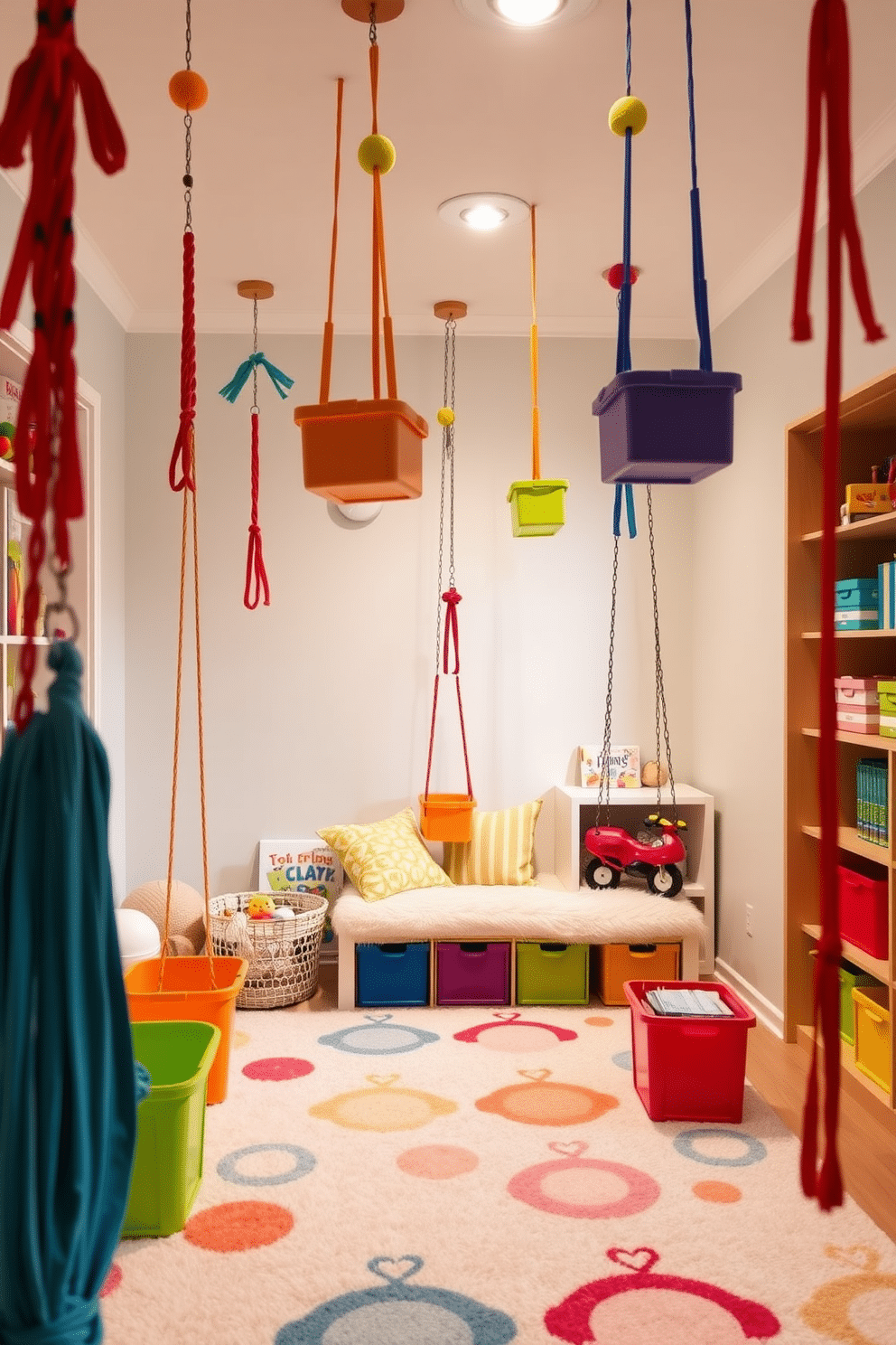 A vibrant toddler playroom featuring colorful hanging swings suspended from the ceiling, creating a playful atmosphere. The walls are painted in soft pastels, and the floor is covered with a plush, patterned rug that adds comfort and warmth to the space. In one corner, a cozy reading nook is adorned with plush cushions and a small bookshelf filled with children's books. Brightly colored storage bins are scattered throughout, providing easy access to toys and encouraging organized play.