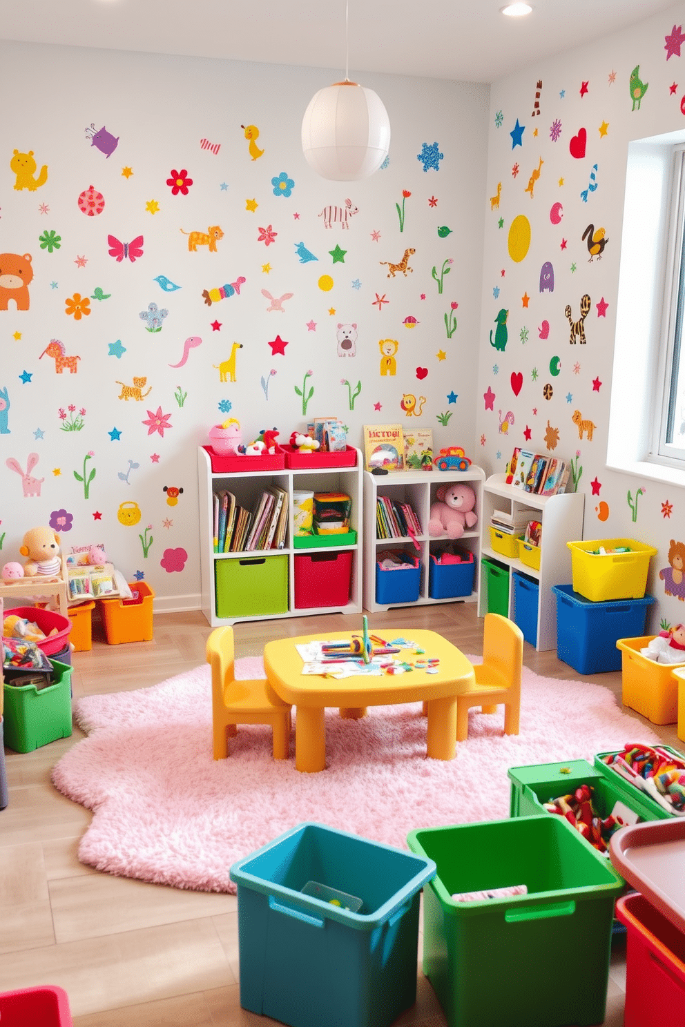 A vibrant toddler playroom filled with colorful stickers and decals adorning the walls, featuring playful animal designs and whimsical patterns. The room includes a soft, plush rug in bright colors, with a low table surrounded by child-sized chairs for arts and crafts activities. In one corner, a cozy reading nook is created with a small bookshelf filled with children's books and plush cushions for comfort. Brightly colored storage bins are scattered throughout the room, providing a fun and organized way to keep toys and games easily accessible.