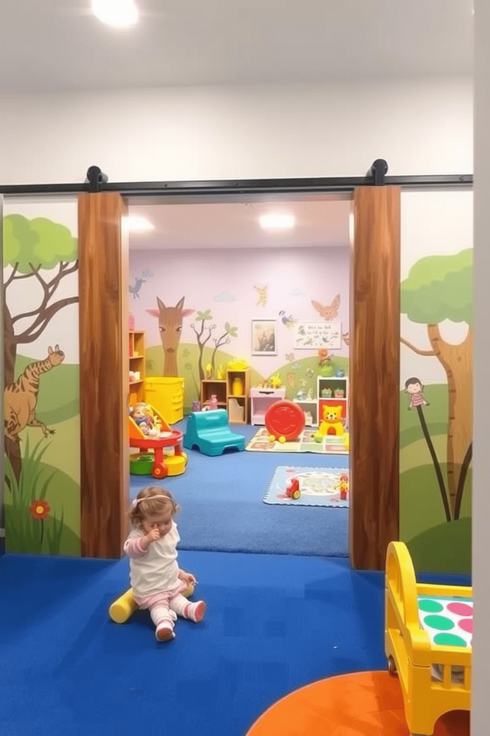 A whimsical toddler playroom featuring sliding doors that seamlessly open to reveal hidden play areas filled with colorful toys and soft play mats. The walls are adorned with playful murals of animals and nature, creating an inviting and imaginative atmosphere for young children.