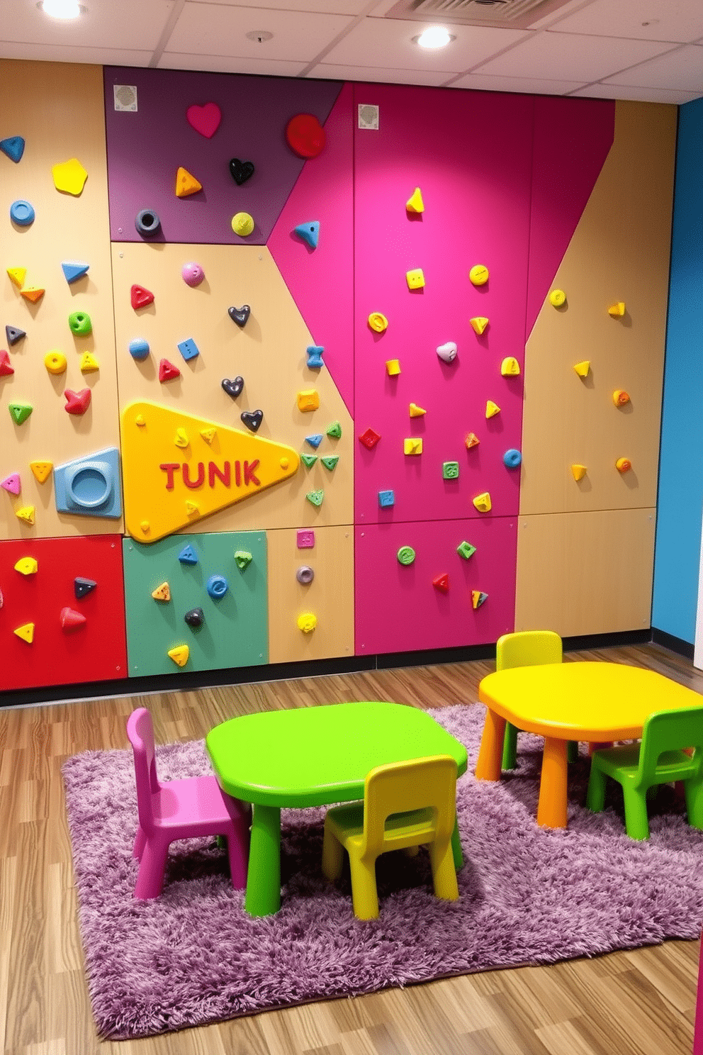 A vibrant toddler playroom featuring an activity wall with climbing elements. The wall is adorned with colorful grips and textured panels, encouraging physical play and exploration. Soft, plush rugs cover the floor, providing a safe space for toddlers to play. Brightly colored furniture, including small tables and chairs, complements the playful atmosphere.