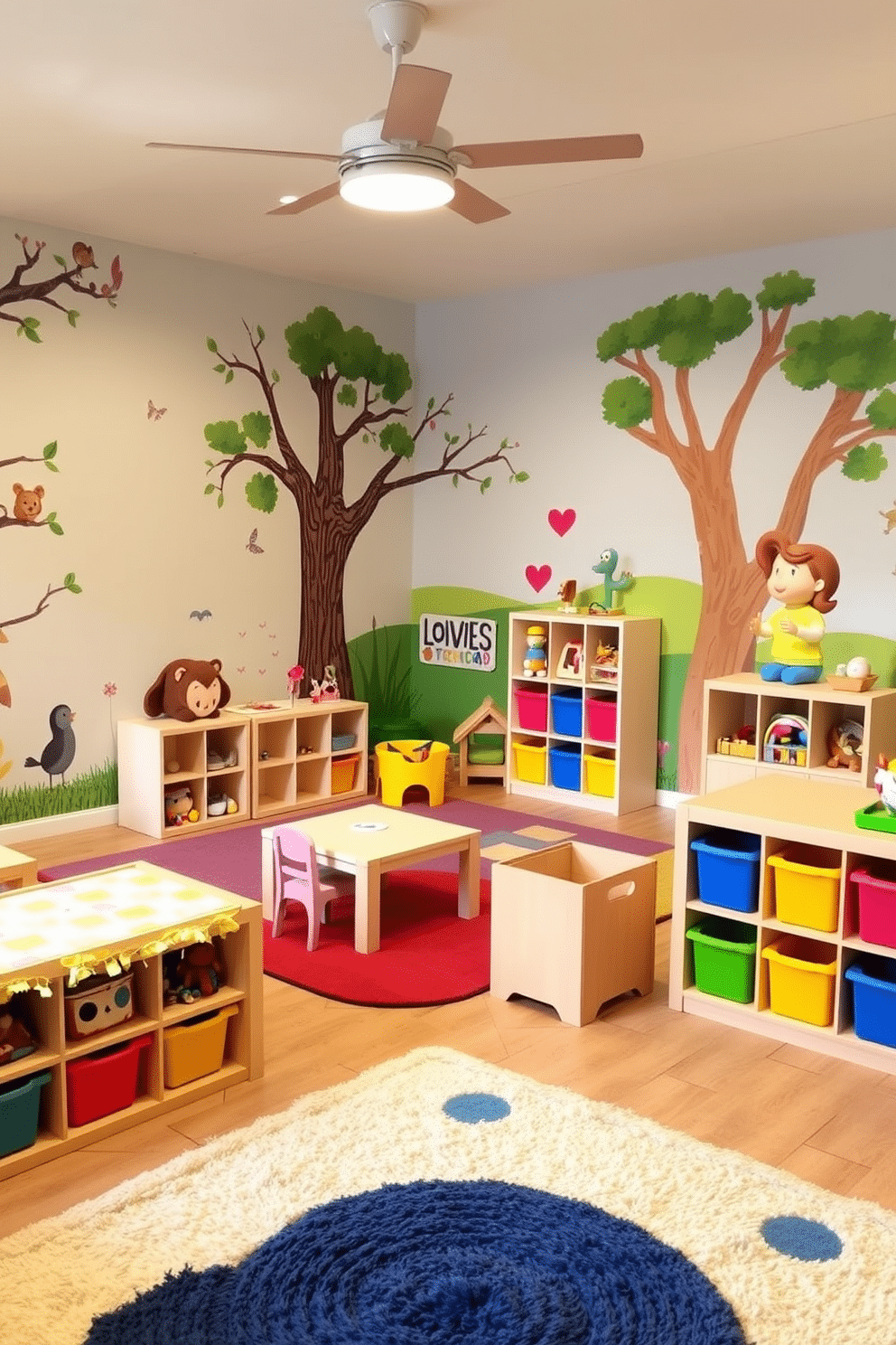 A vibrant toddler playroom filled with themed murals depicting whimsical animals and fairy tale scenes. The walls are painted in bright colors, creating an inviting and playful atmosphere for young children to explore and enjoy. Soft, plush rugs in various shapes and sizes cover the floor, providing a comfortable space for play. Colorful storage bins and shelves are neatly arranged to keep toys organized and easily accessible, encouraging creativity and imagination.