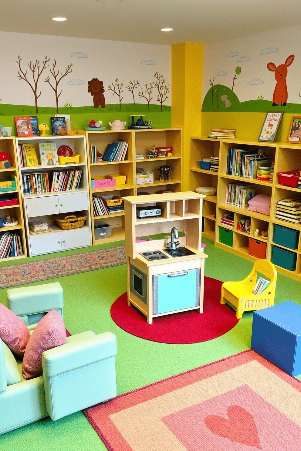 A vibrant toddler playroom filled with miniature furniture designed for role-playing scenarios. The space features a small wooden kitchen set, complete with a play stove and sink, surrounded by colorful rugs and soft seating areas. Brightly colored walls adorned with playful murals create an inviting atmosphere. Shelves filled with books and toys are easily accessible, encouraging imaginative play and creativity.