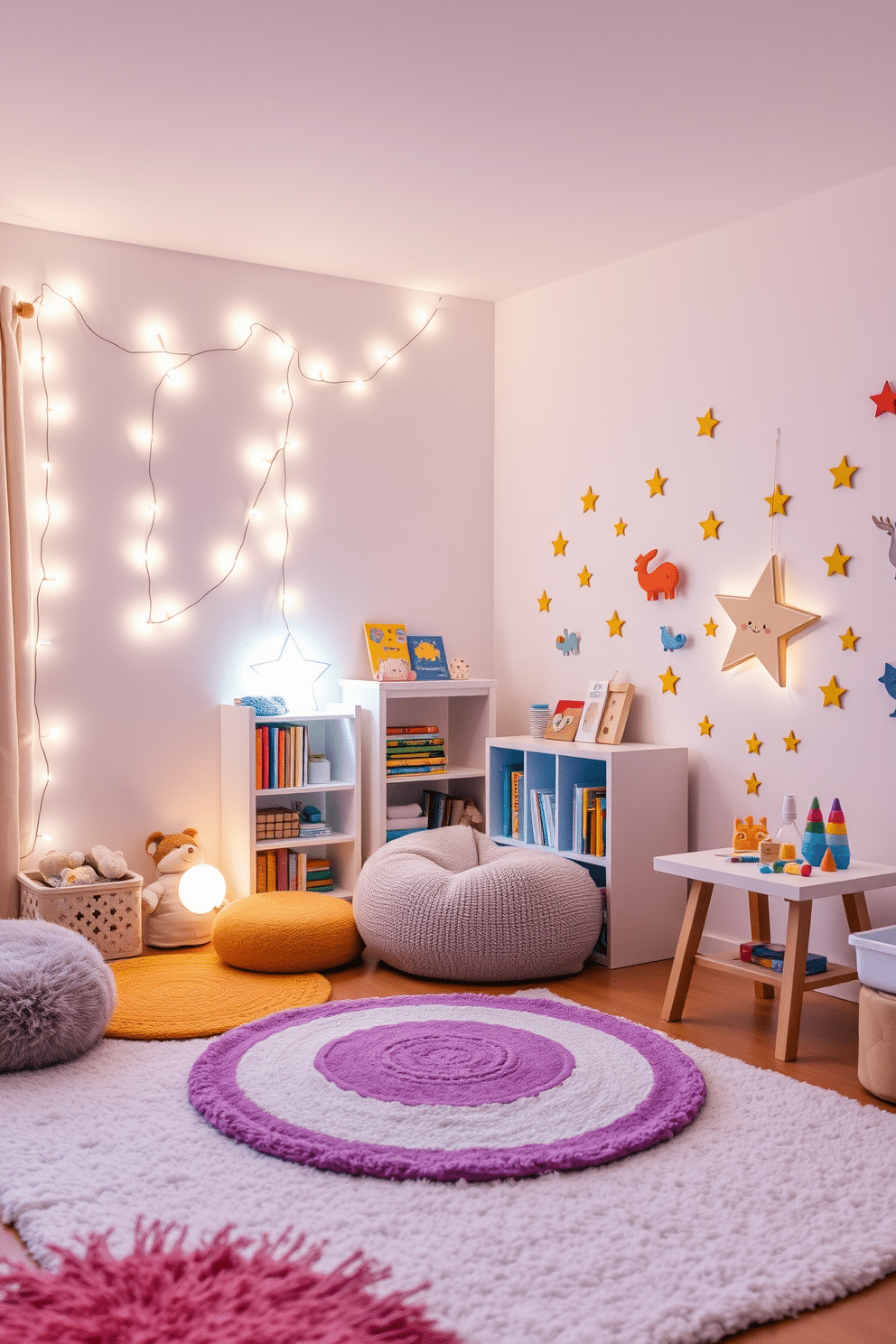 A whimsical toddler playroom filled with light-up elements that create a magical atmosphere. Soft, colorful rugs cover the floor, and glowing fairy lights are draped along the walls, casting a warm and inviting glow. In one corner, a cozy reading nook features a plush beanbag chair and a small bookshelf filled with storybooks, illuminated by a star-shaped night light. Brightly colored wall decals of animals and stars add playful charm, while a low table encourages creativity with art supplies and building blocks.