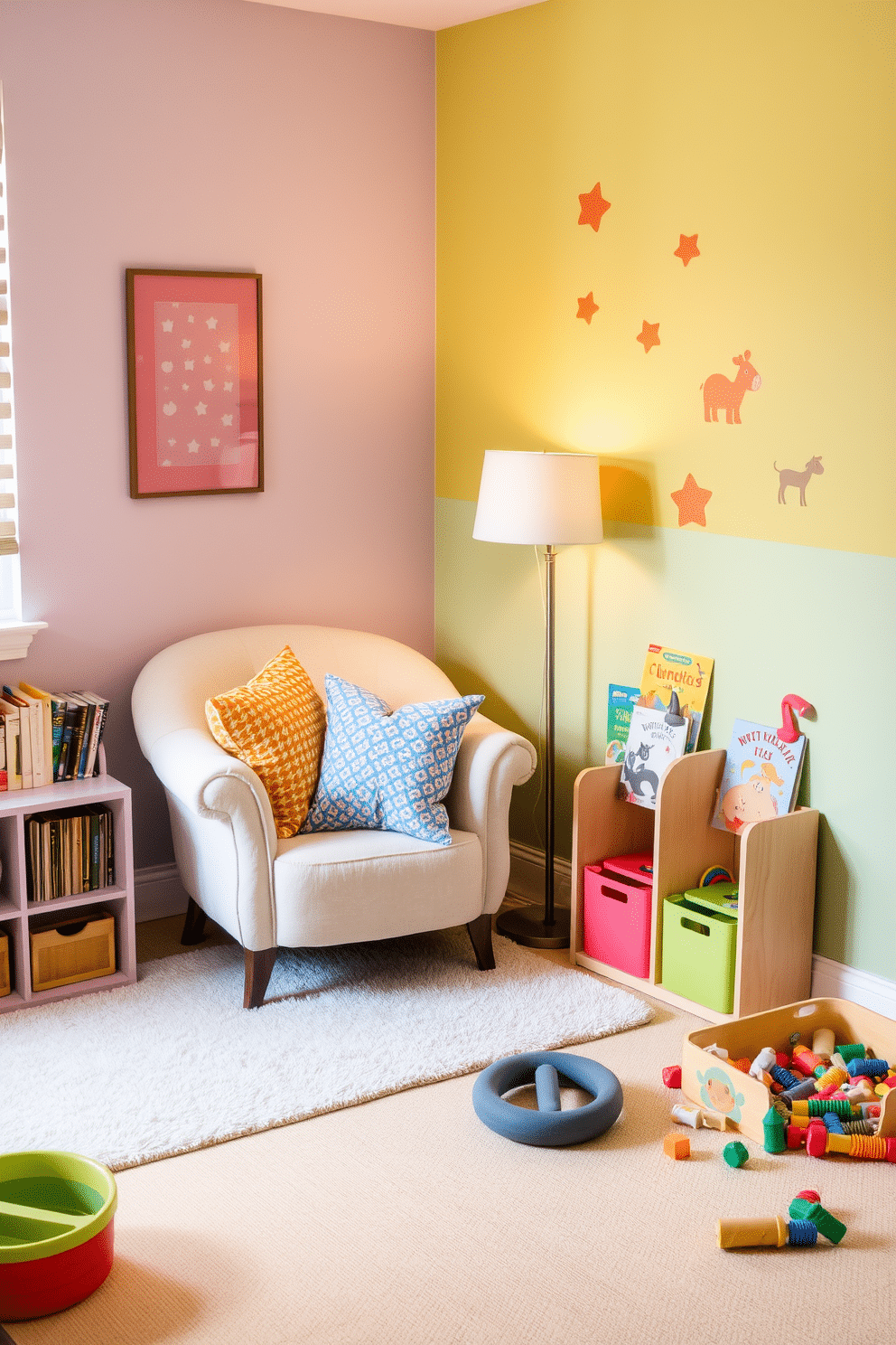 Cozy reading nook with soft cushions. A plush armchair is nestled in the corner, surrounded by a collection of colorful throw pillows. A small bookshelf filled with children's books stands nearby, complemented by a soft area rug beneath the chair. Warm, ambient lighting from a floor lamp creates an inviting atmosphere for reading. Toddler Playroom Design Ideas. The playroom features bright, cheerful colors on the walls, with playful wall decals of animals and shapes. A large, soft play mat covers the floor, and various toys are organized in colorful bins for easy access, ensuring a fun and safe environment for toddlers.