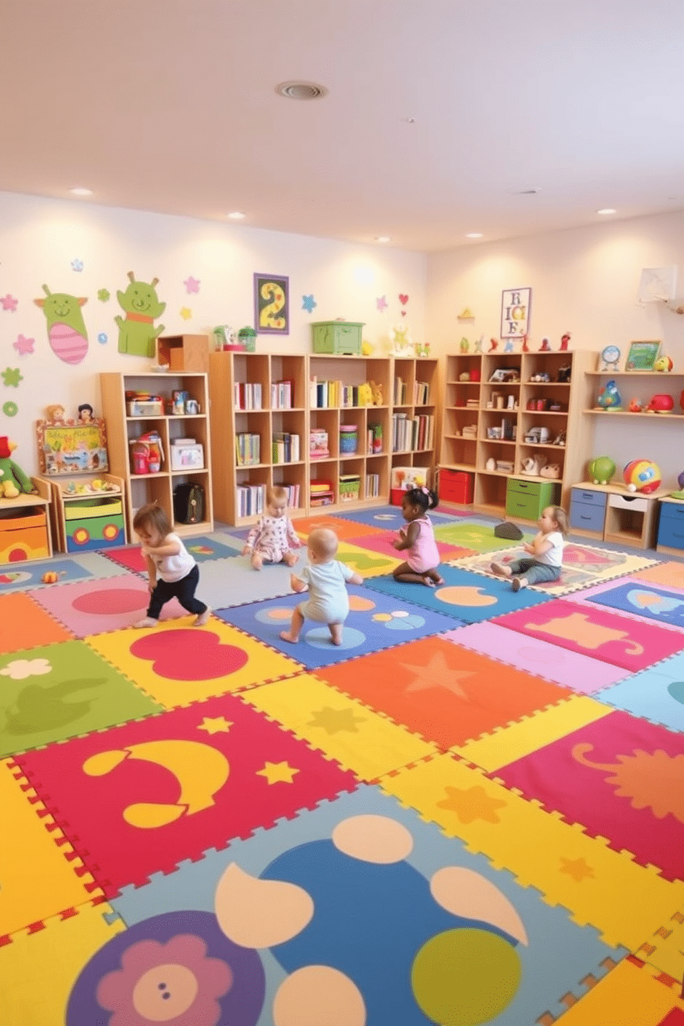 A vibrant toddler playroom filled with interactive floor mats designed for movement activities. The mats feature colorful patterns and textures, encouraging children to engage in active play while ensuring safety and comfort. The room is adorned with playful wall art and shelves filled with toys and books. Soft, ambient lighting creates a warm atmosphere, making it an inviting space for both play and learning.