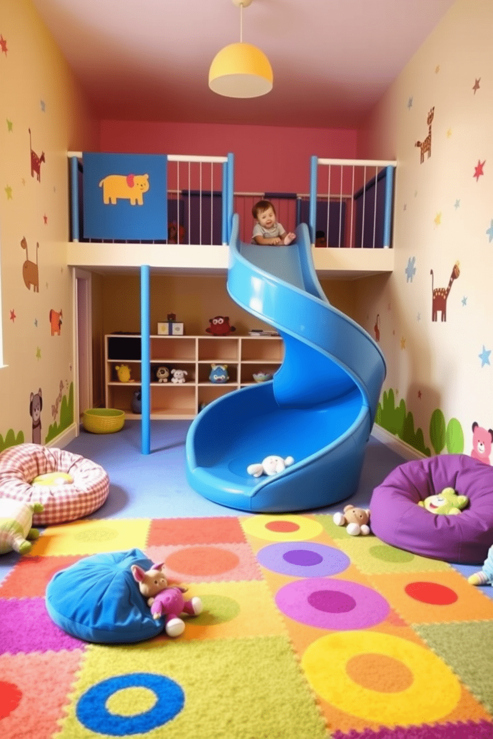 A vibrant toddler playroom featuring an indoor slide that spirals down from a lofted play area. The walls are painted in cheerful pastel colors, with playful animal decals adding a whimsical touch. Soft, colorful rugs cover the floor, providing a safe landing zone for active play. Cozy bean bags and plush toys are scattered throughout to create inviting spaces for relaxation and imaginative play.