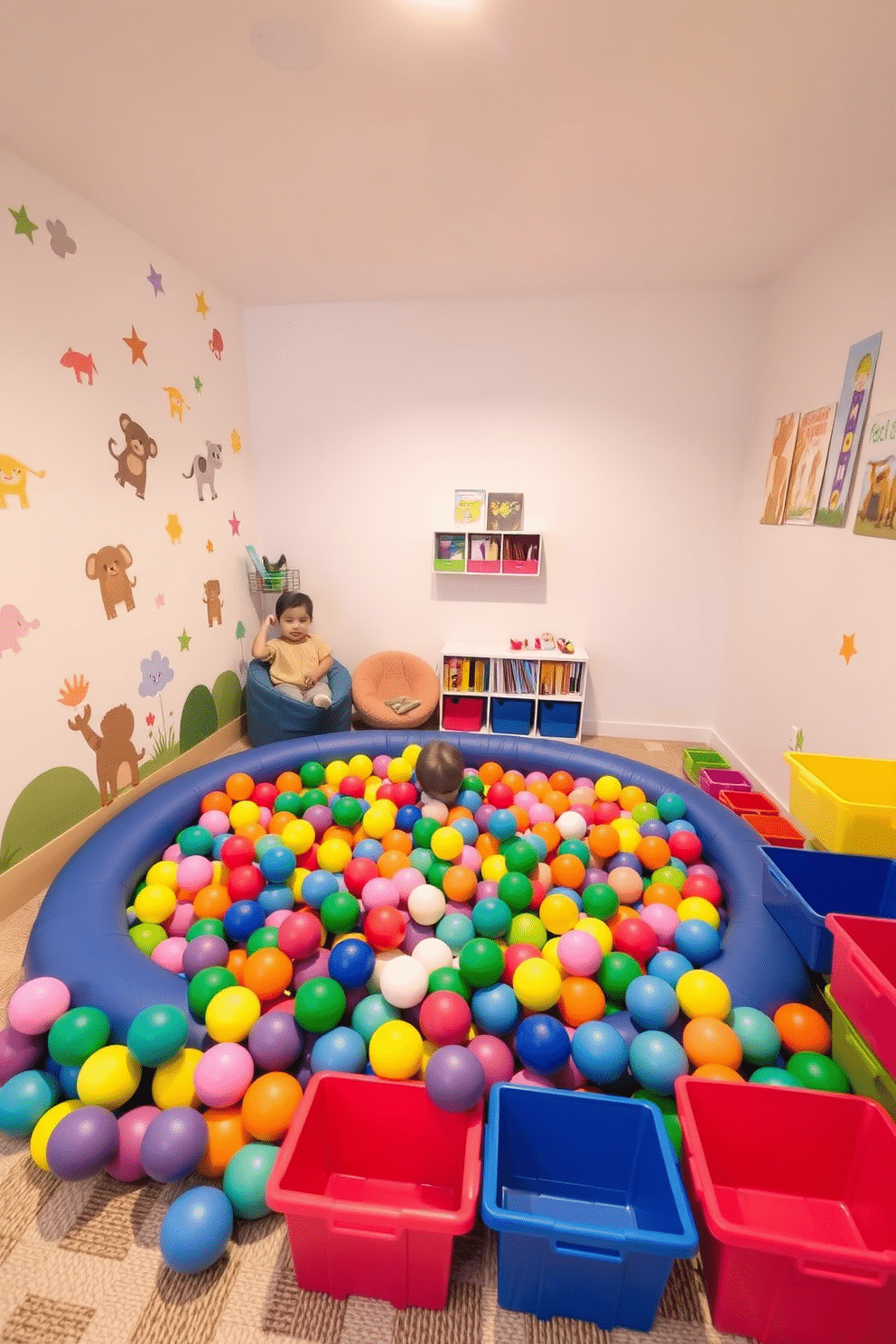 A vibrant toddler playroom features a colorful ball pit filled with an assortment of soft, multi-colored balls, inviting little ones to dive in and explore. Surrounding the play area, playful wall decals of animals and shapes add a whimsical touch, while soft, cushioned flooring ensures safety during playtime. In one corner, a cozy reading nook is created with plush bean bags and a small bookshelf filled with children's stories, encouraging a love for reading. Brightly colored storage bins are neatly arranged, making it easy for toddlers to access and tidy up their toys after play.