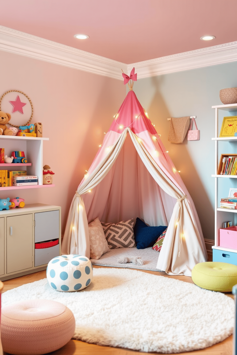 A whimsical playroom designed for toddlers, featuring themed play tents that inspire imaginative adventures. The space is filled with vibrant colors and soft textures, with a cozy tent in the corner adorned with fairy lights and plush cushions. The walls are painted in pastel shades, creating a cheerful atmosphere, while a soft area rug provides a safe play surface. Shelves filled with toys and books line the walls, encouraging creativity and exploration in this playful retreat.