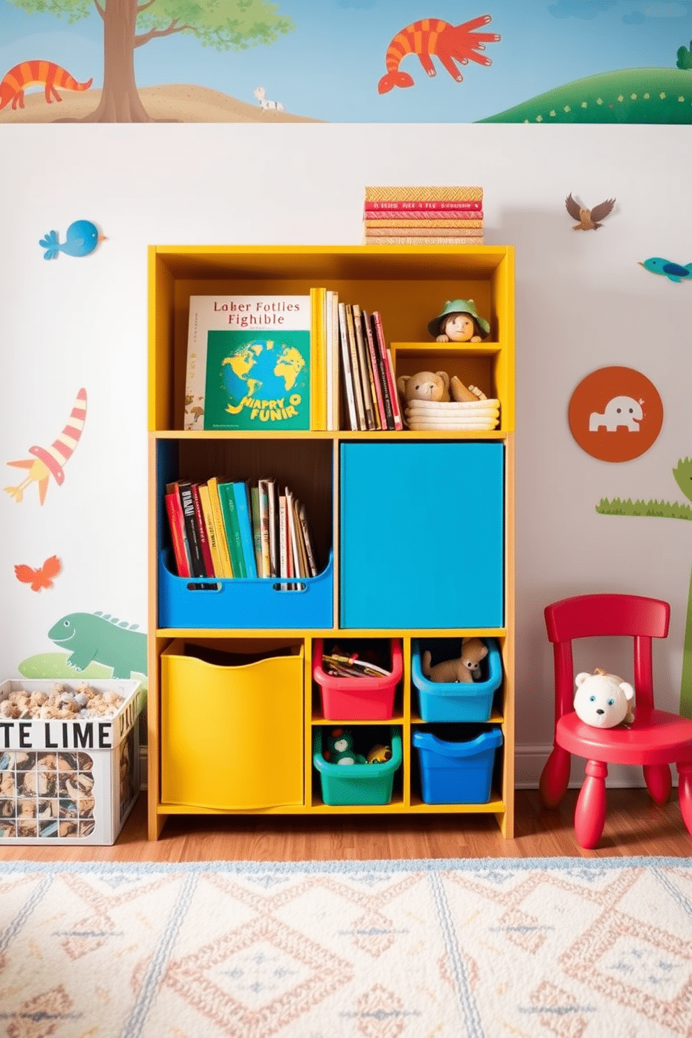 A vibrant toddler playroom features a colorful multi-functional storage unit that combines open shelves for books and closed bins for toys. The walls are adorned with playful murals, and a soft, patterned rug anchors the space, providing a cozy area for play and reading.