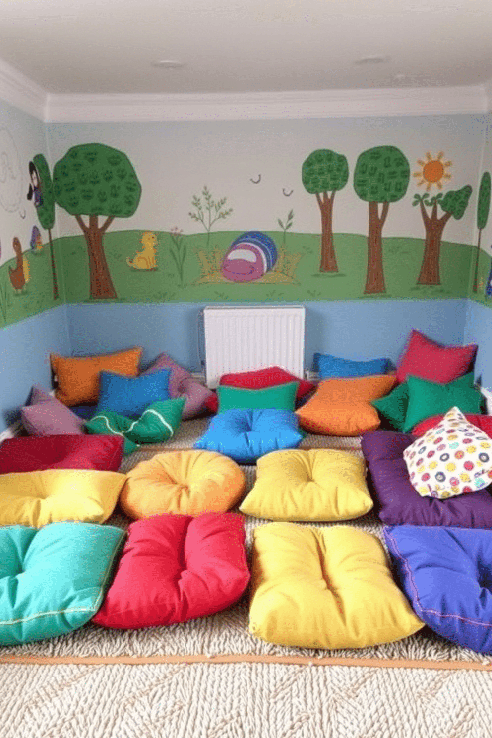 A cozy toddler playroom filled with vibrant floor cushions in various shapes and colors, creating a playful atmosphere for comfortable seating. The walls are adorned with cheerful murals, and a soft, textured rug anchors the space, inviting little ones to sit and play.