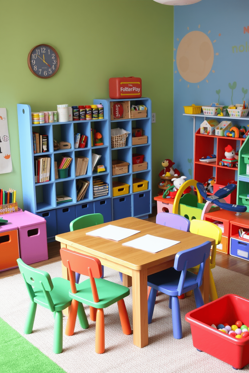 A cozy arts and crafts corner designed for creativity and inspiration. The space features a sturdy wooden table surrounded by colorful chairs, with shelves filled with various art supplies, including paints, markers, and paper. A vibrant toddler playroom filled with engaging and safe play options. The room includes soft play mats, a small climbing structure, and a variety of toys neatly organized in bright bins, all set against cheerful wall colors and whimsical decor.