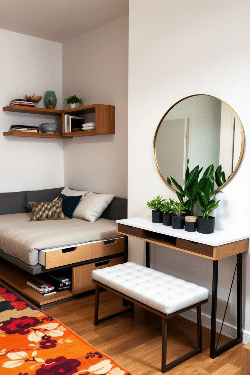 A cozy living area features a sleek, multi-functional sofa that converts into a bed, paired with a stylish coffee table that doubles as storage. The walls are adorned with floating shelves, showcasing decorative items and books, while a vibrant area rug adds warmth to the space. The entryway of a townhouse showcases a modern console table with built-in drawers for organization, complemented by a large round mirror that enhances the sense of space. A chic bench with hidden storage sits below the mirror, and a cluster of potted plants brings life to the area, creating an inviting first impression.