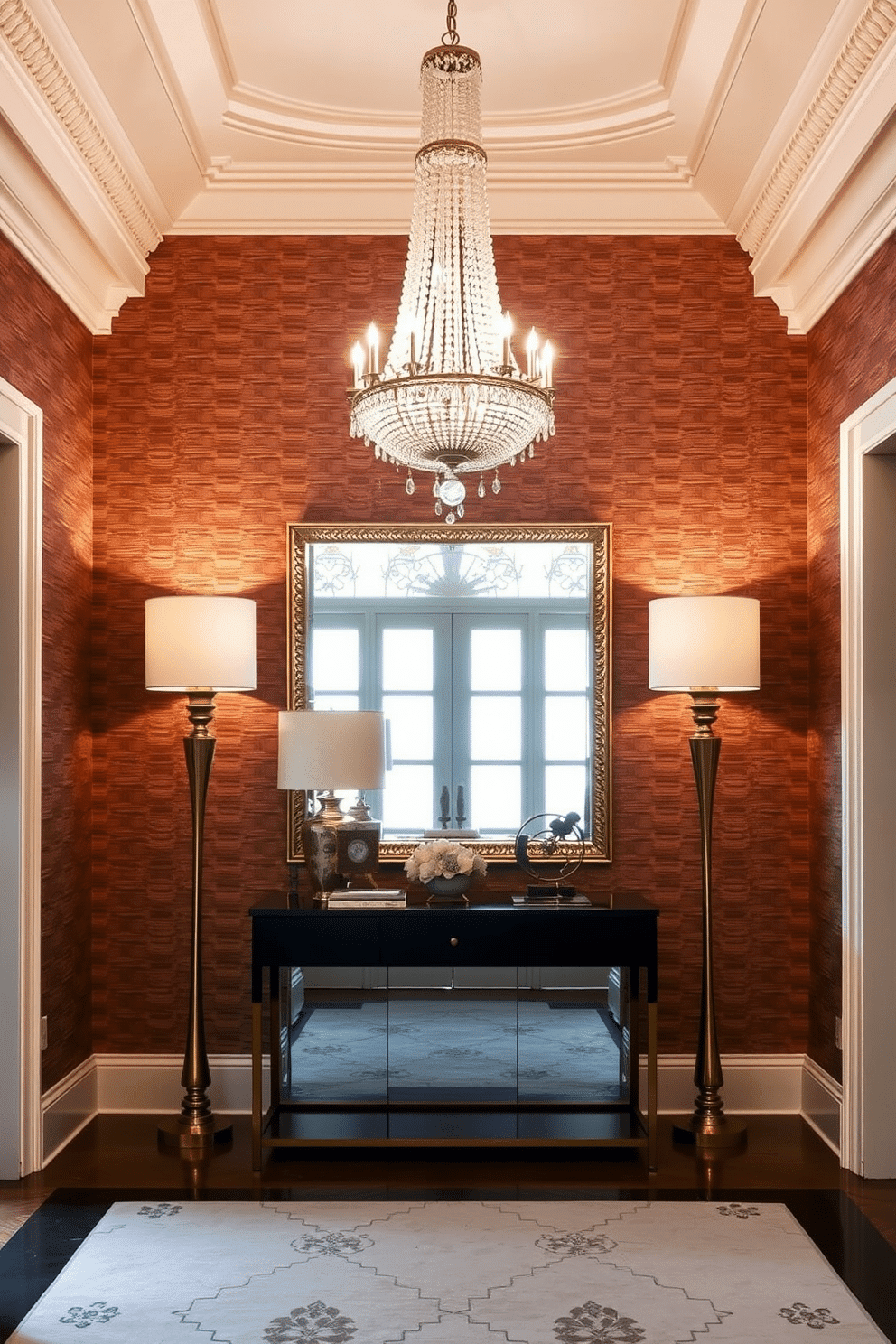 A stunning townhouse entryway features an elegant chandelier as the focal point, gracefully illuminating the space with warm, inviting light. Flanking the entrance are two tall, sculptural floor lamps that enhance the ambiance and provide additional lighting, creating a welcoming atmosphere. The walls are adorned with a rich, textured wallpaper that complements the luxurious feel of the entryway. A stylish console table sits against one wall, topped with decorative objects and a large mirror that reflects the light from the fixtures, adding depth to the space.