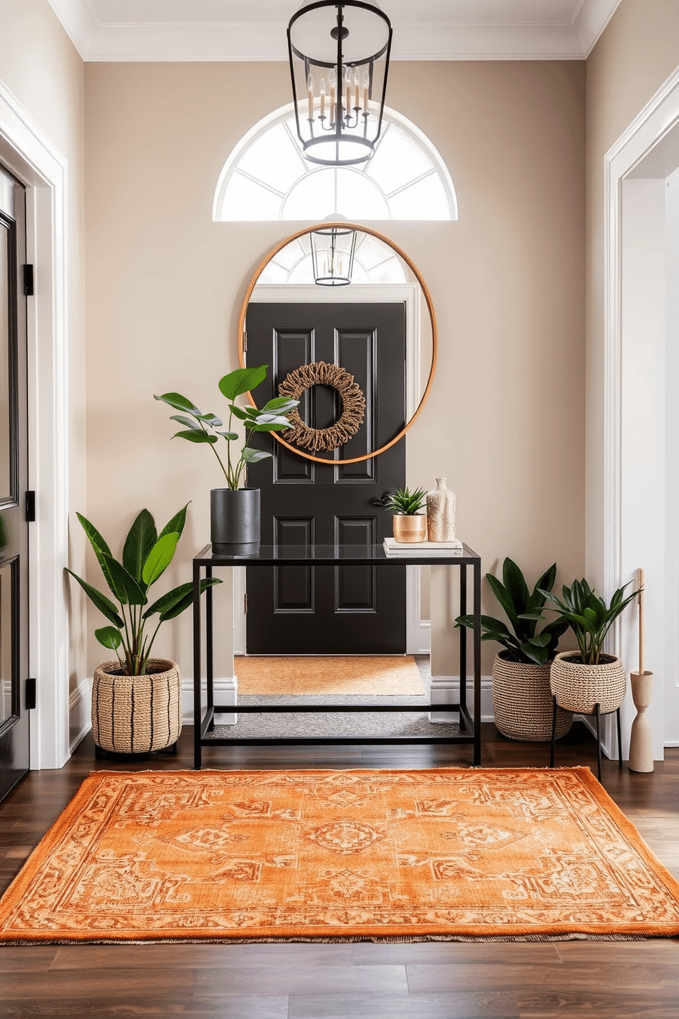 A welcoming townhouse entryway features layered rugs in warm, inviting tones that add a sense of coziness and texture. The space is adorned with a sleek console table, a statement mirror above it, and strategically placed potted plants to enhance the overall ambiance.