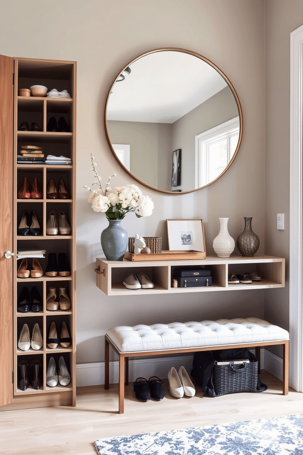 Shoe storage solutions to reduce clutter. A sleek, modern shoe cabinet with a combination of open shelving and closed compartments is positioned against the wall, allowing for easy access and organization. Townhouse entryway design ideas. The entryway features a stylish console table adorned with decorative items, paired with a large round mirror above it to enhance light and space, while a cozy bench provides seating and additional storage underneath.