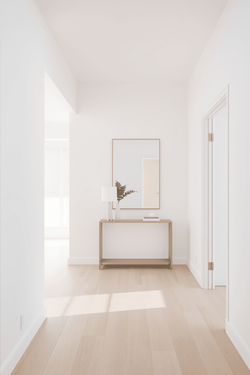 A minimalist entryway featuring sleek lines and an open layout. The walls are painted in a soft white, complemented by a light wood floor that enhances the airy feel of the space. A narrow console table with a smooth surface stands against one wall, adorned with a single decorative plant and a minimalist lamp. A large, frameless mirror hangs above the console, reflecting natural light from a nearby window.