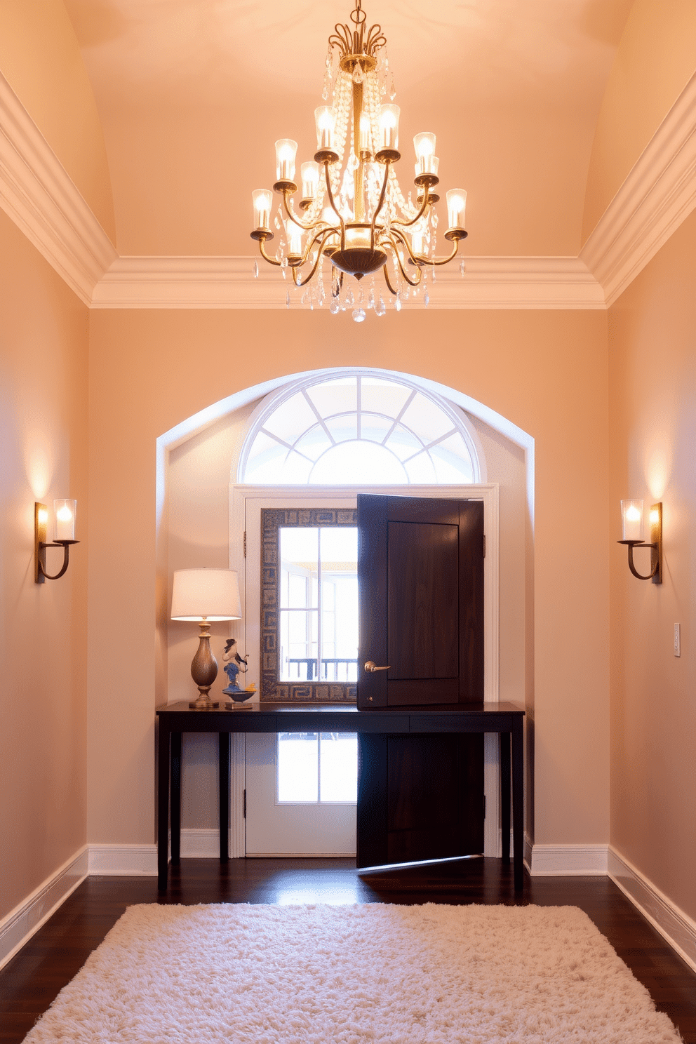 Elegant lighting to brighten the space. A stunning chandelier hangs from the ceiling, casting a warm glow over the entryway, while wall sconces flank the door, providing additional illumination. The entryway features a sleek console table made of dark wood, topped with a decorative mirror that reflects the light. A plush area rug in soft neutral tones anchors the space, complementing the elegant lighting and enhancing the overall ambiance.