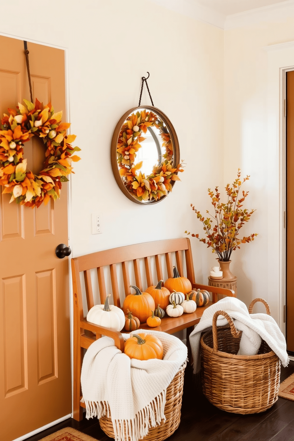 A cozy townhouse entryway adorned with seasonal decor, featuring a warm wooden bench and a collection of vibrant pumpkins and gourds on display. The walls are painted in a soft cream color, and a stylish round mirror hangs above the bench, reflecting the natural light from the nearby window. To enhance the fresh look, a seasonal wreath made of autumn leaves is hung on the front door, welcoming guests with its rich colors. A woven basket filled with cozy blankets sits beside the bench, inviting comfort and warmth as the seasons change.