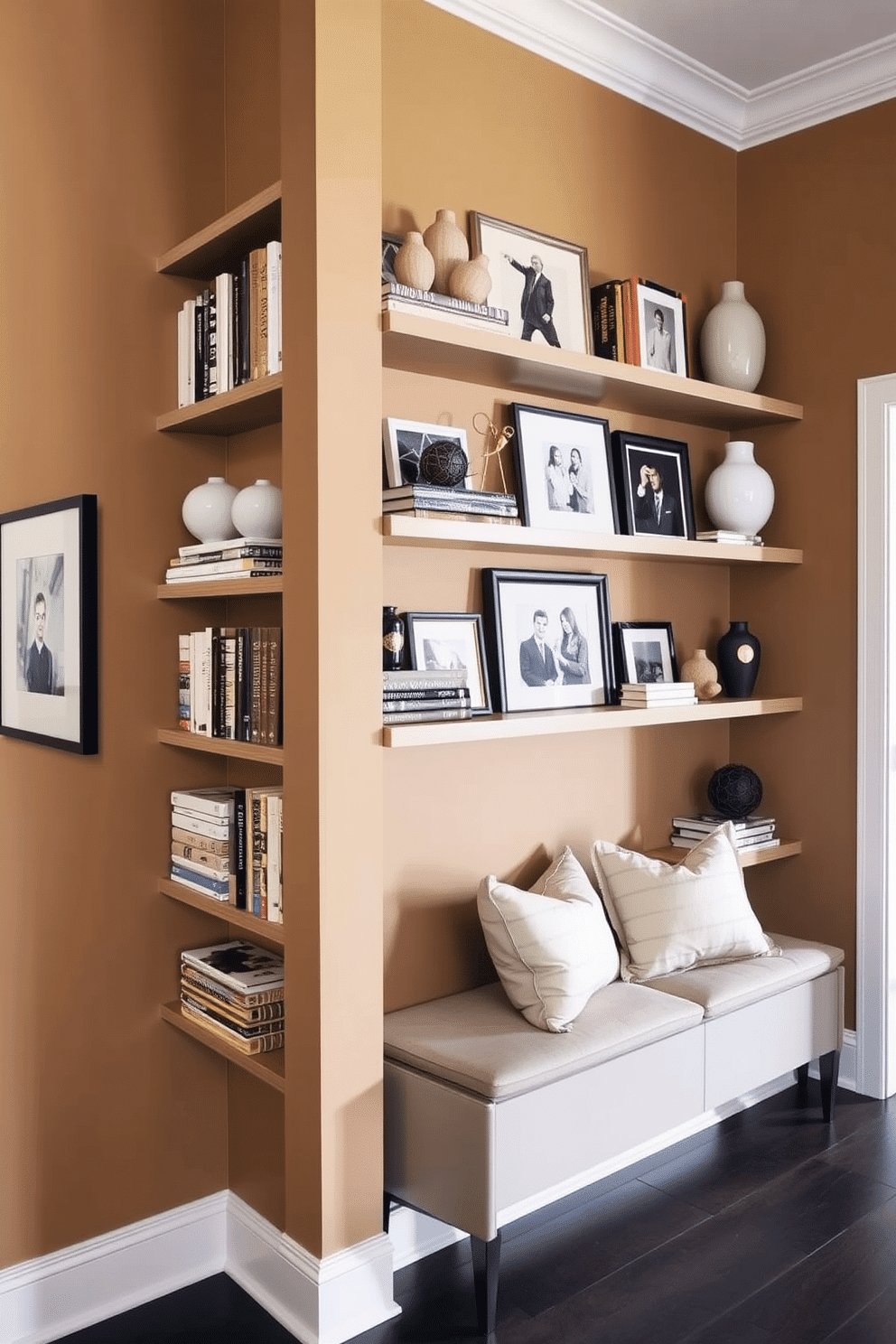 A stylish townhouse entryway features open shelving along one wall, showcasing an array of curated decor items, including books, vases, and framed photos. The shelves are complemented by a sleek bench below, adorned with plush cushions, and the walls are painted in a warm, inviting hue to create a welcoming atmosphere.