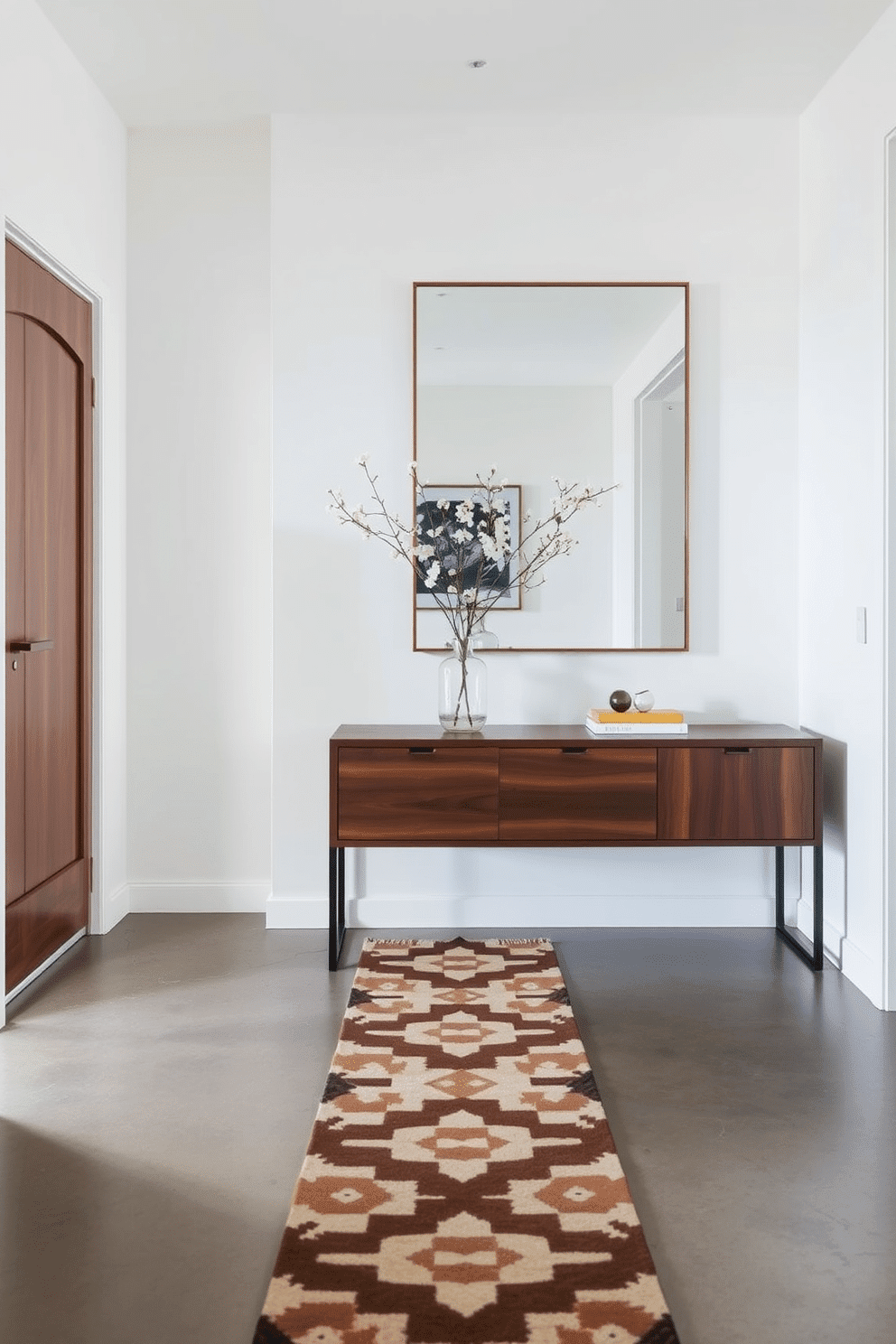 A sleek townhouse entryway features a minimalist console table in a rich walnut finish, paired with a large, frameless mirror that reflects natural light. The walls are painted in a crisp white, accentuated by a bold, geometric patterned runner that adds warmth and texture to the polished concrete floor.